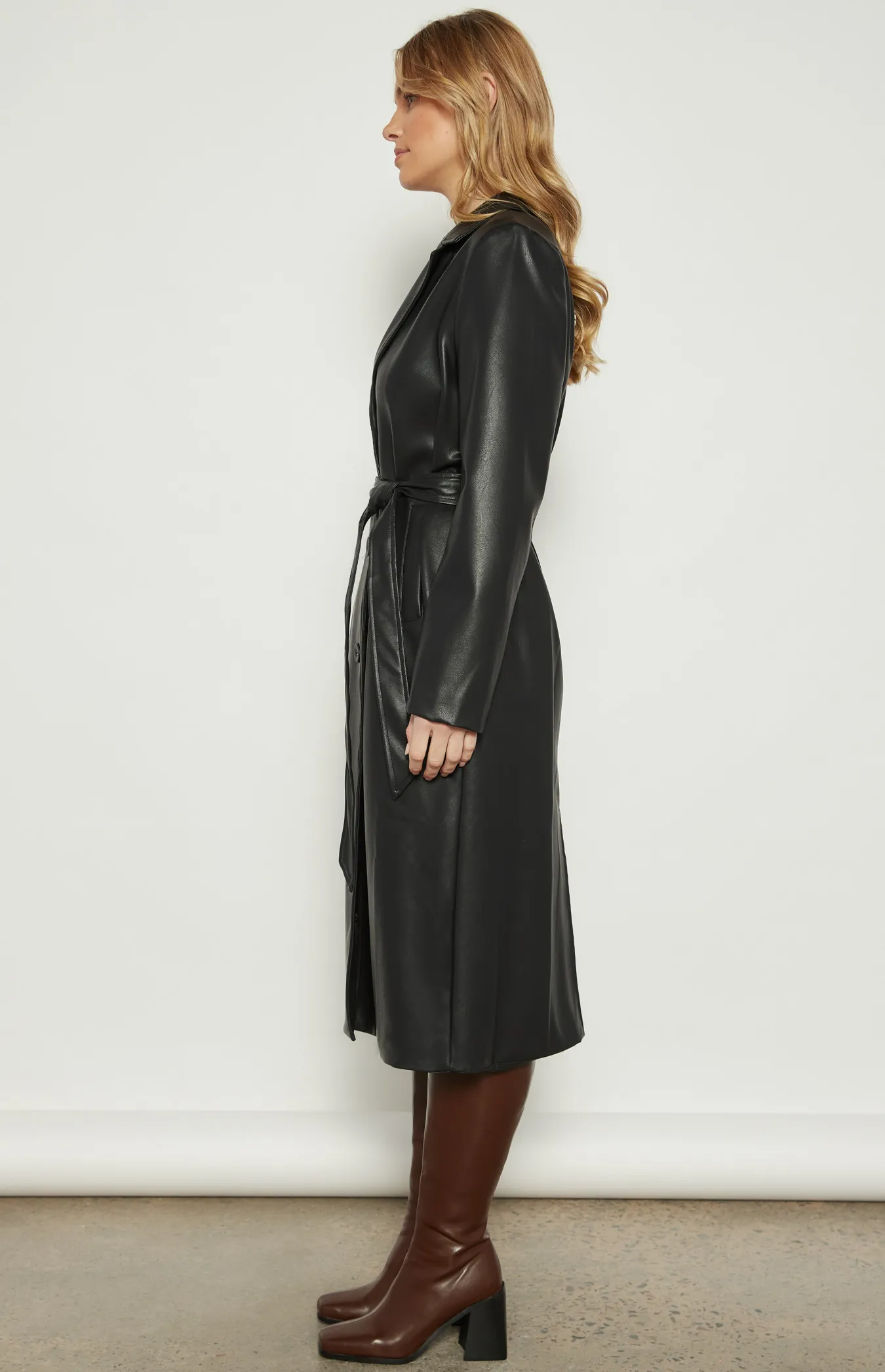 Faux Leather Longline Coat with Belt (WJT233A)