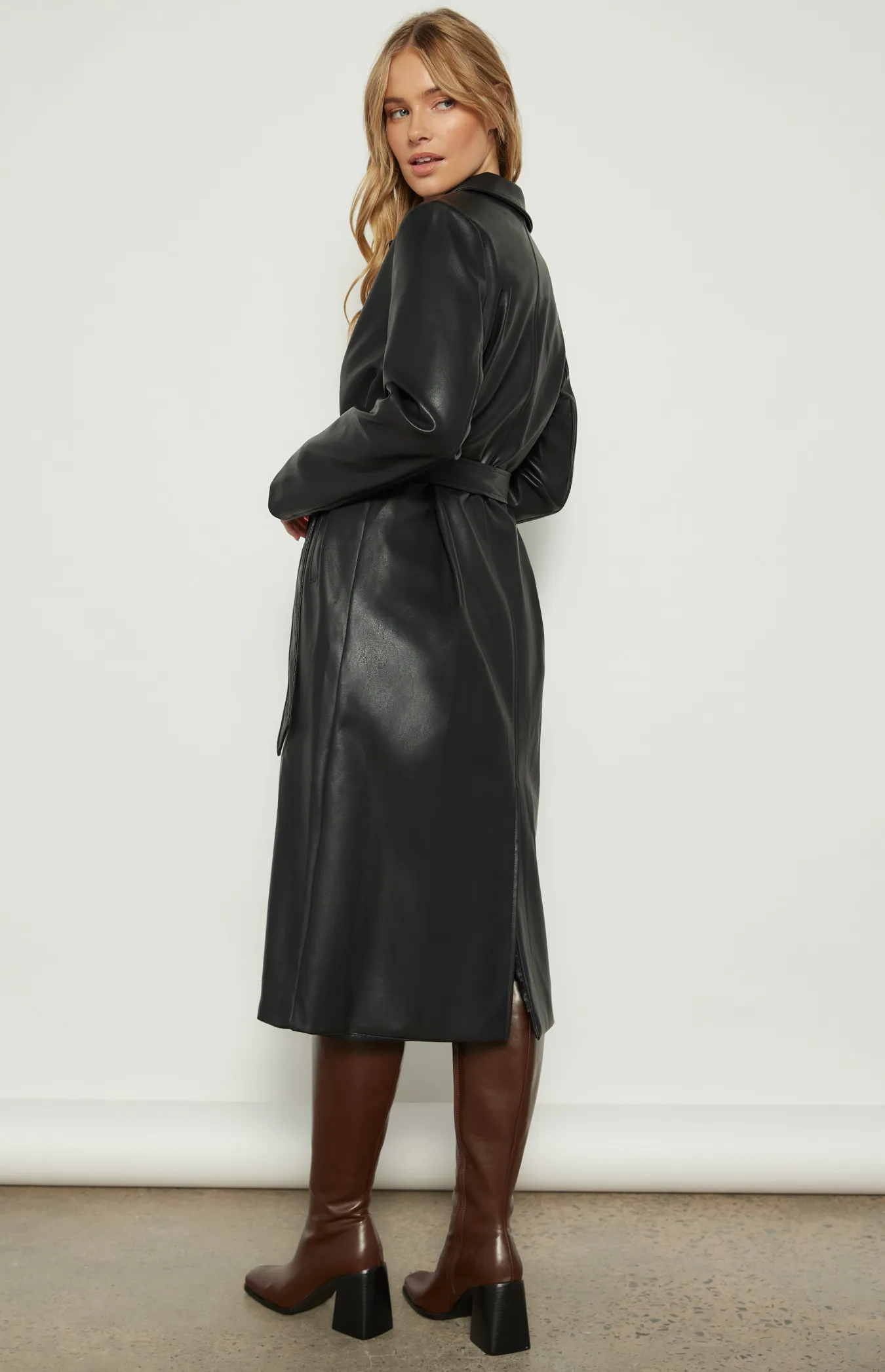 Faux Leather Longline Coat with Belt (WJT233A)