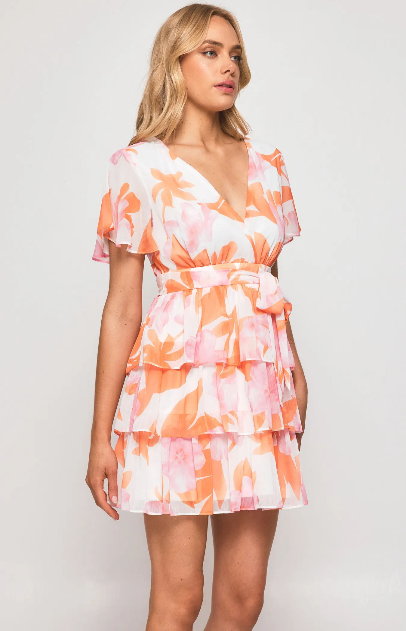 Floral Chiffon Dress with Tiered Hem (SDR1284A)