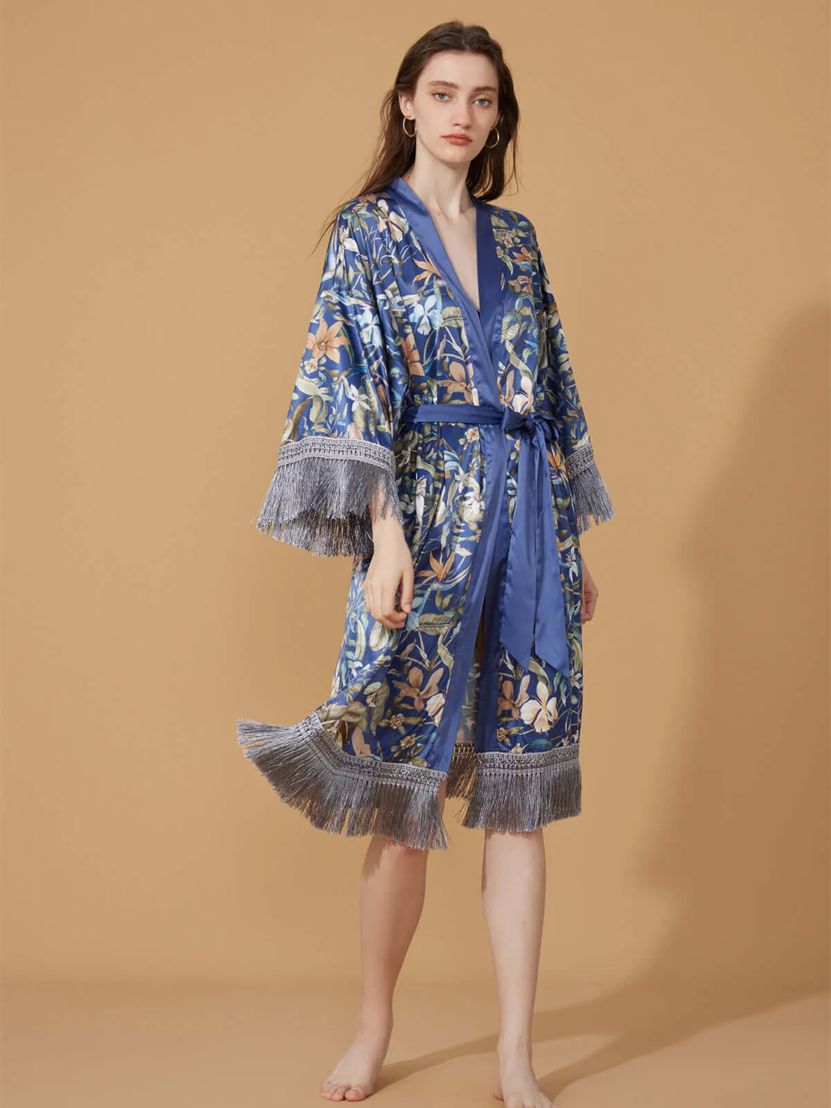 Floral Kimono Robe with Tassels