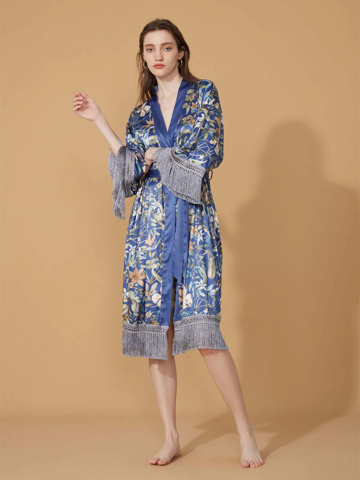 Floral Kimono Robe with Tassels