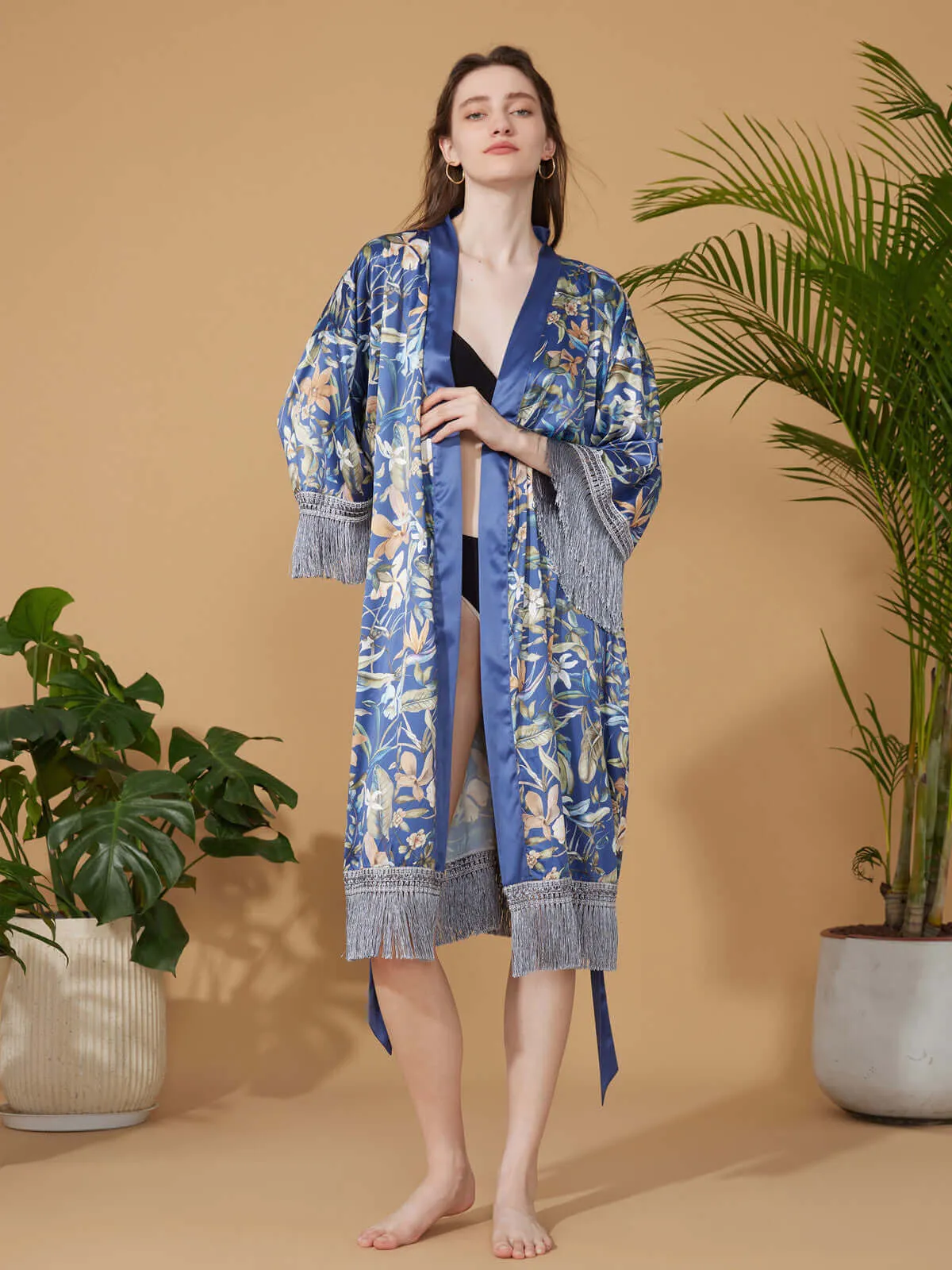 Floral Kimono Robe with Tassels