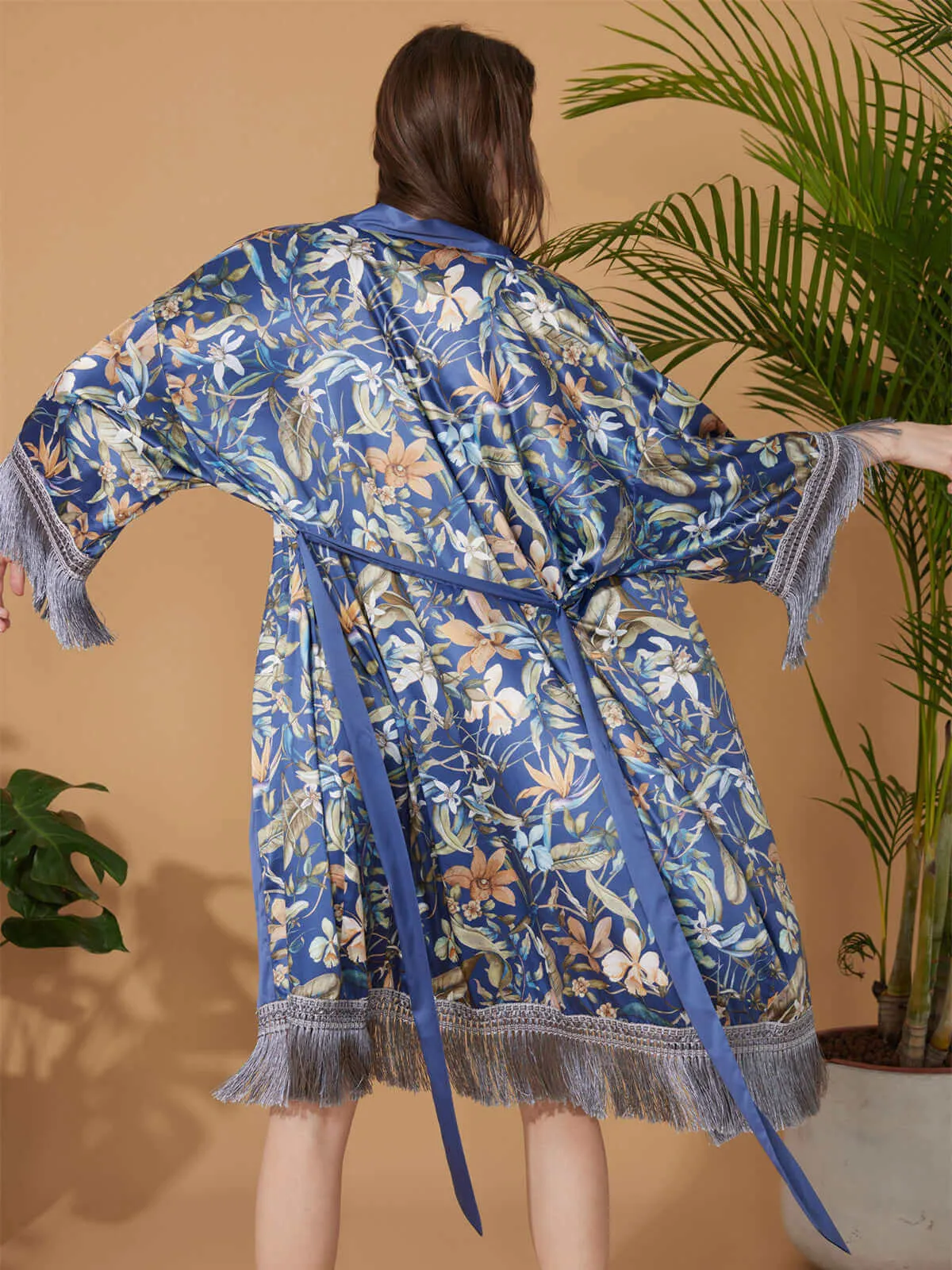 Floral Kimono Robe with Tassels