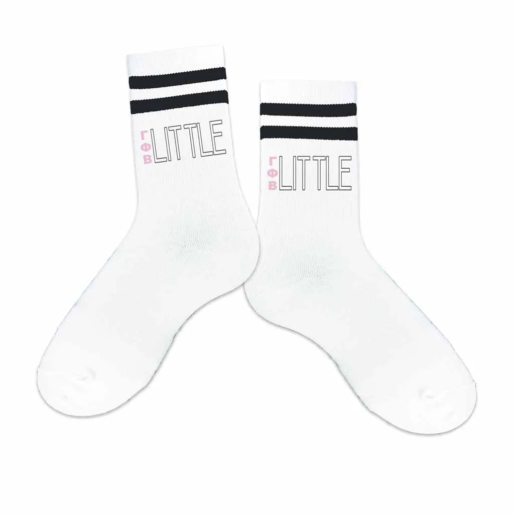 Gamma Phi Beta Greek letter socks for Big and Little in striped cotton crew socks