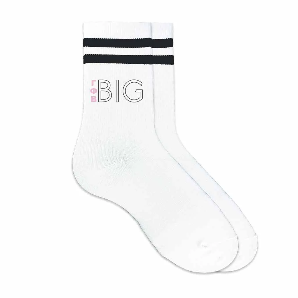 Gamma Phi Beta Greek letter socks for Big and Little in striped cotton crew socks