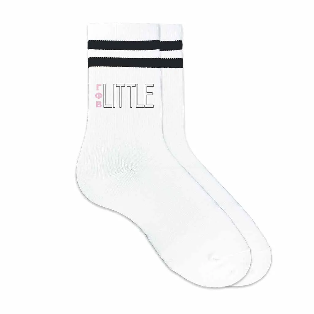 Gamma Phi Beta Greek letter socks for Big and Little in striped cotton crew socks