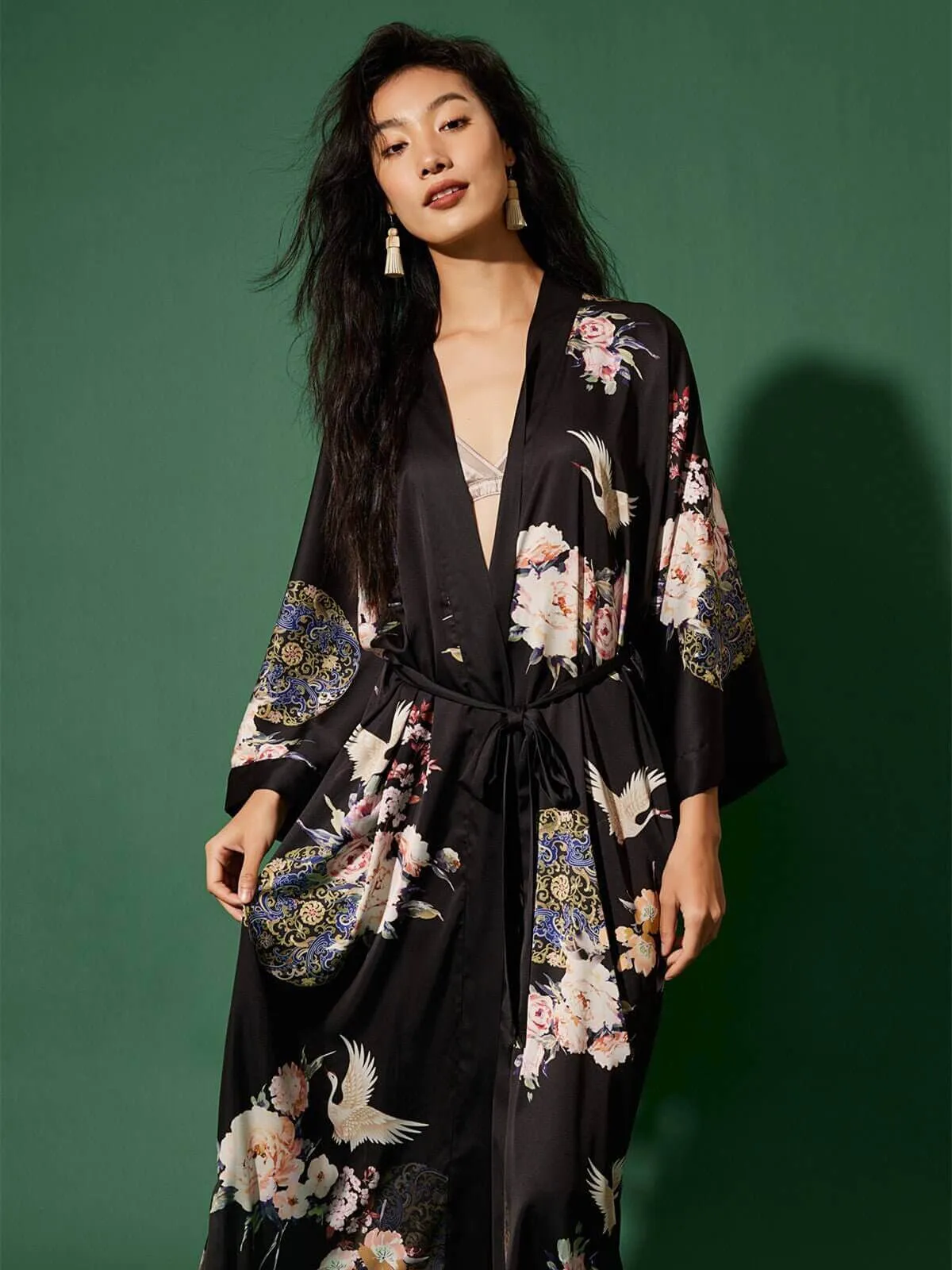 Garden Crane Black Kimono Robe | Buy Online Now