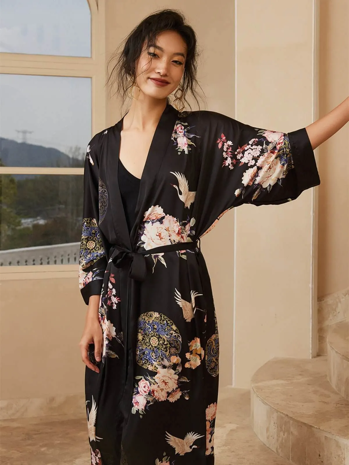 Garden Crane Black Kimono Robe | Buy Online Now