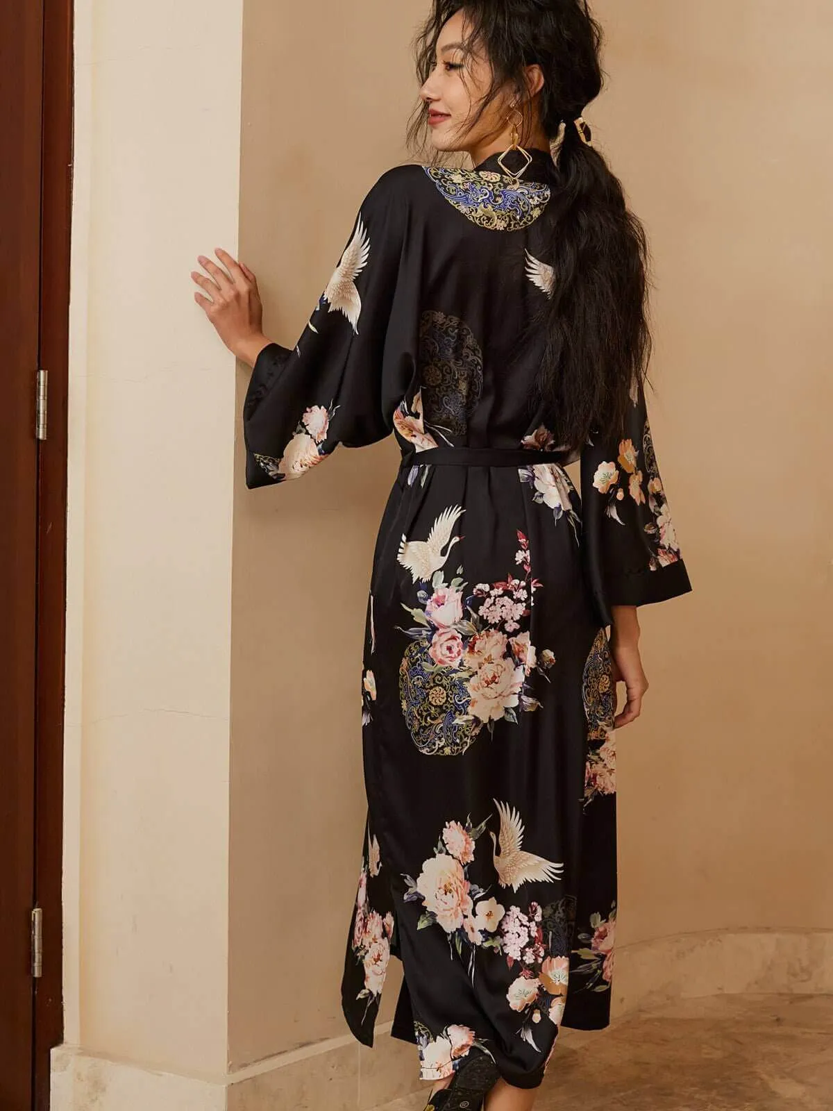 Garden Crane Black Kimono Robe | Buy Online Now