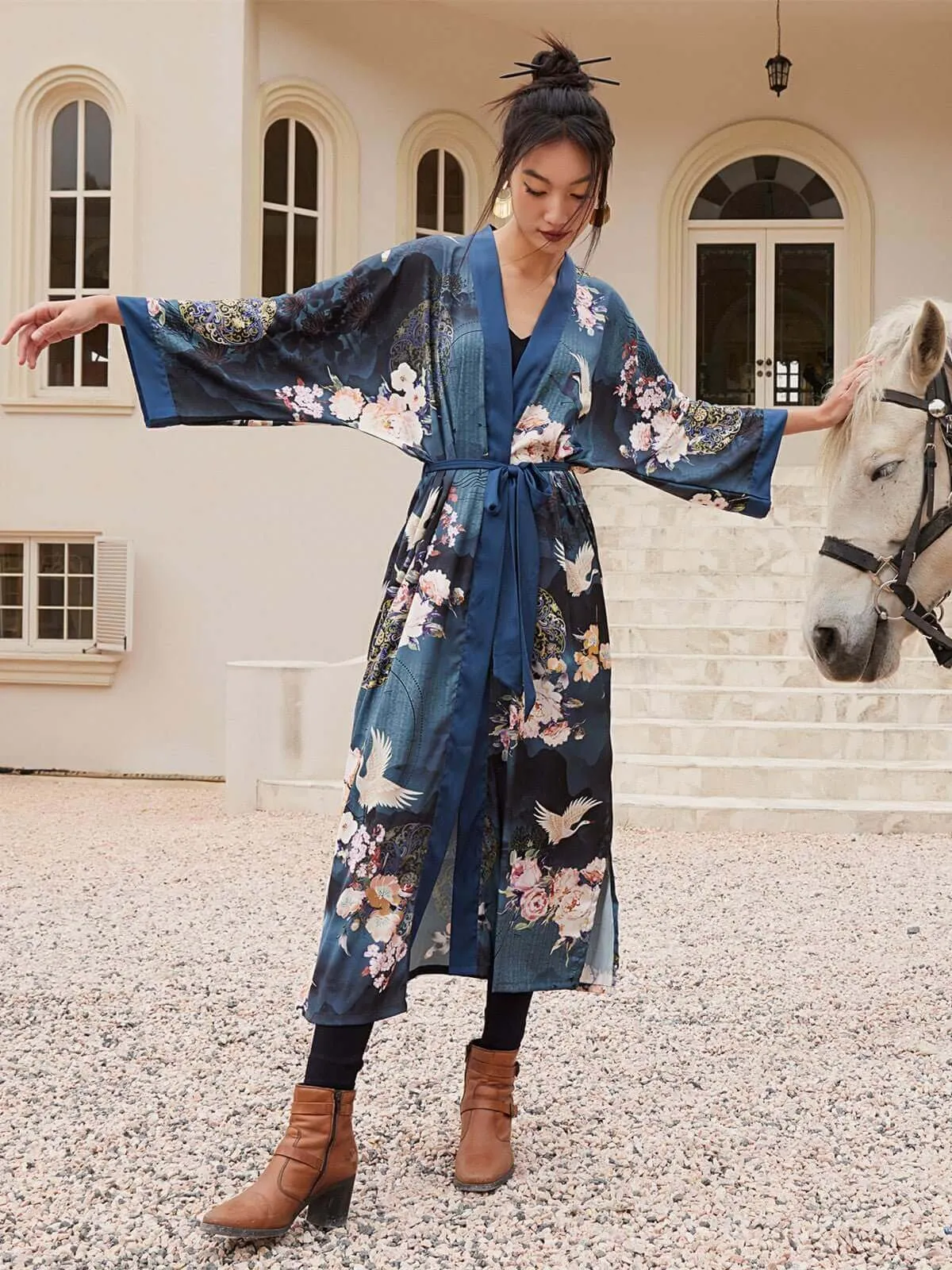 Garden Crane Blue Kimono Robe - Buy Online