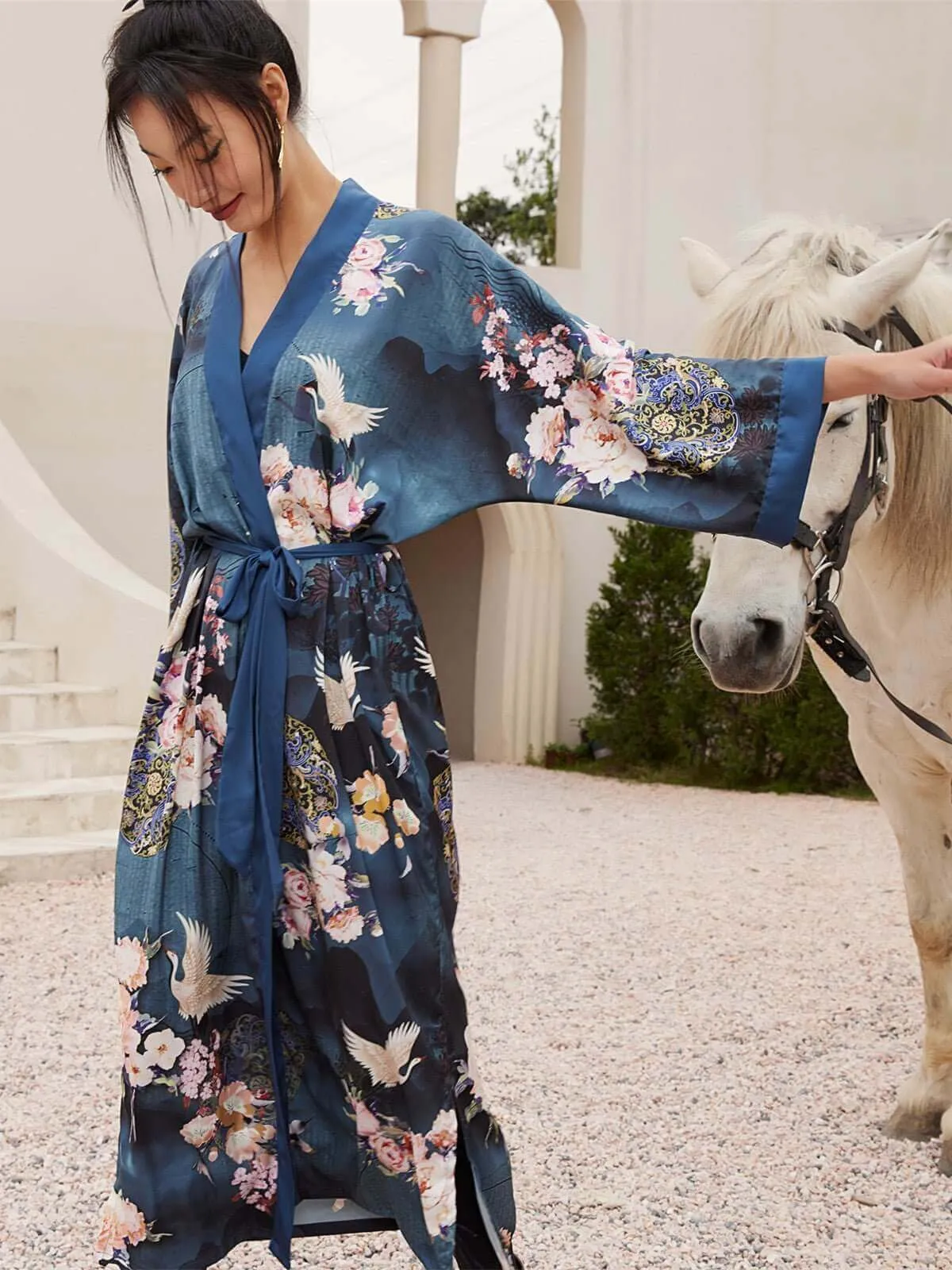 Garden Crane Blue Kimono Robe - Buy Online