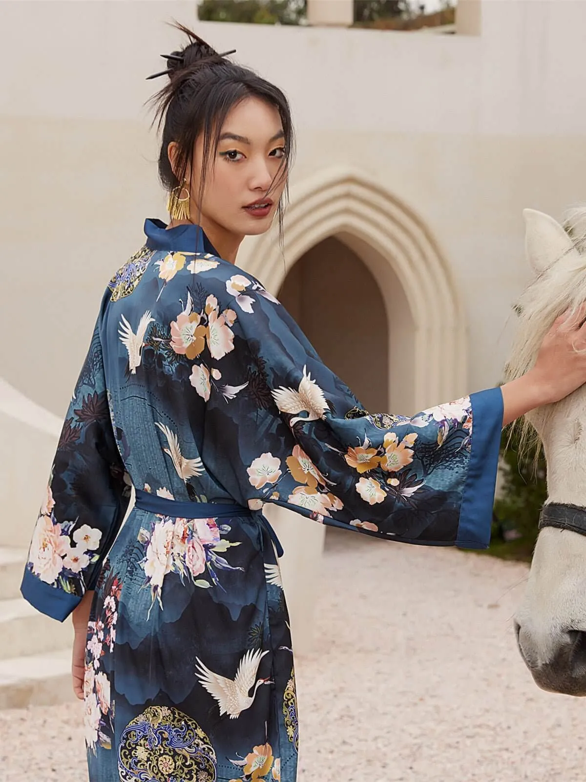 Garden Crane Blue Kimono Robe - Buy Online