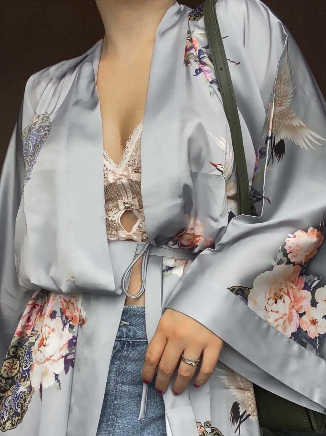 Garden Crane Gray Kimono Robe - Shop Now