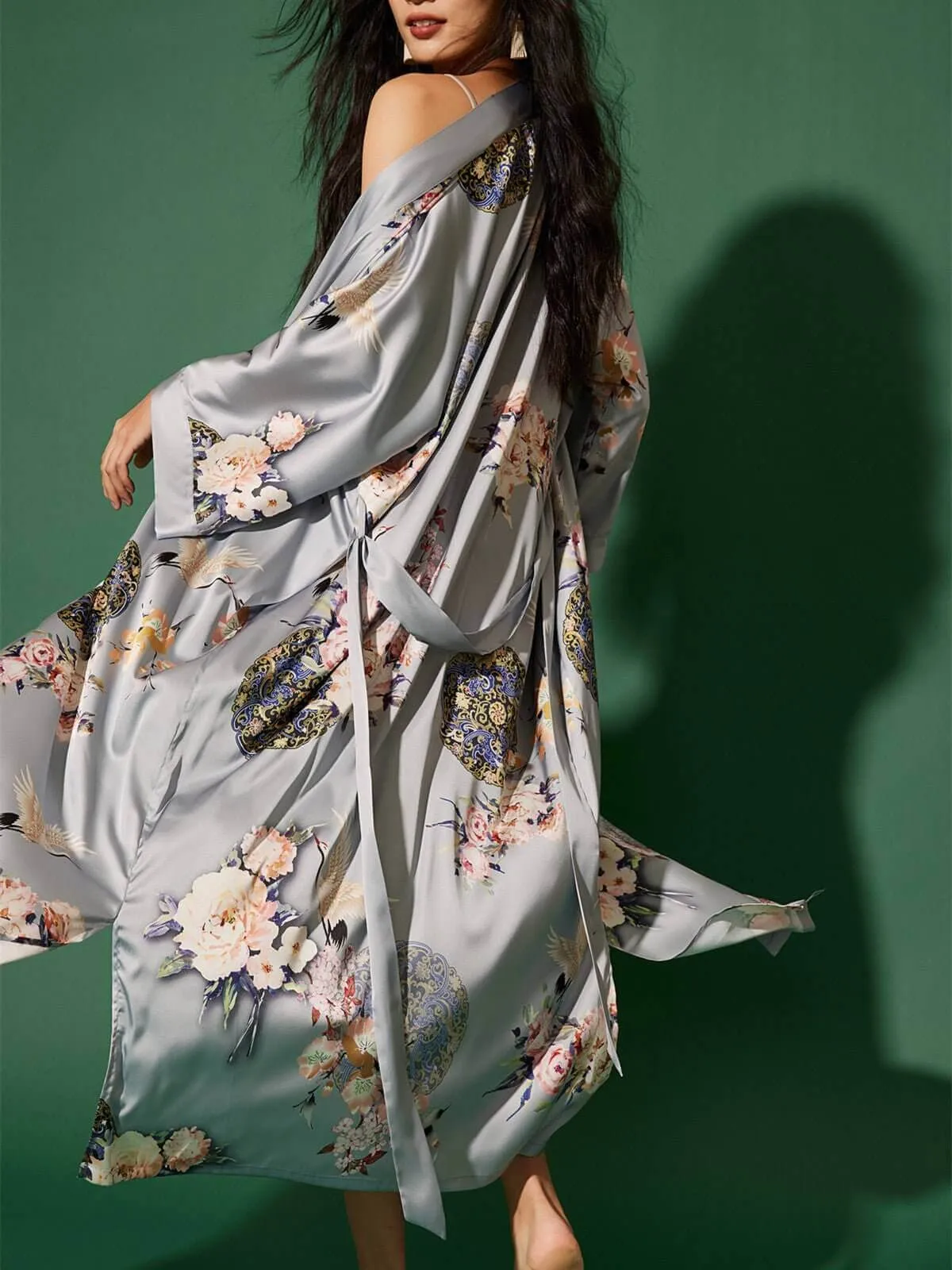 Garden Crane Gray Kimono Robe - Shop Now