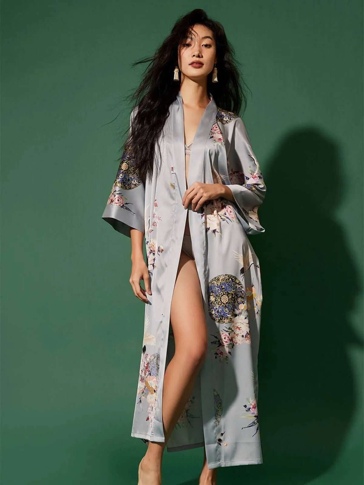 Garden Crane Gray Kimono Robe - Shop Now