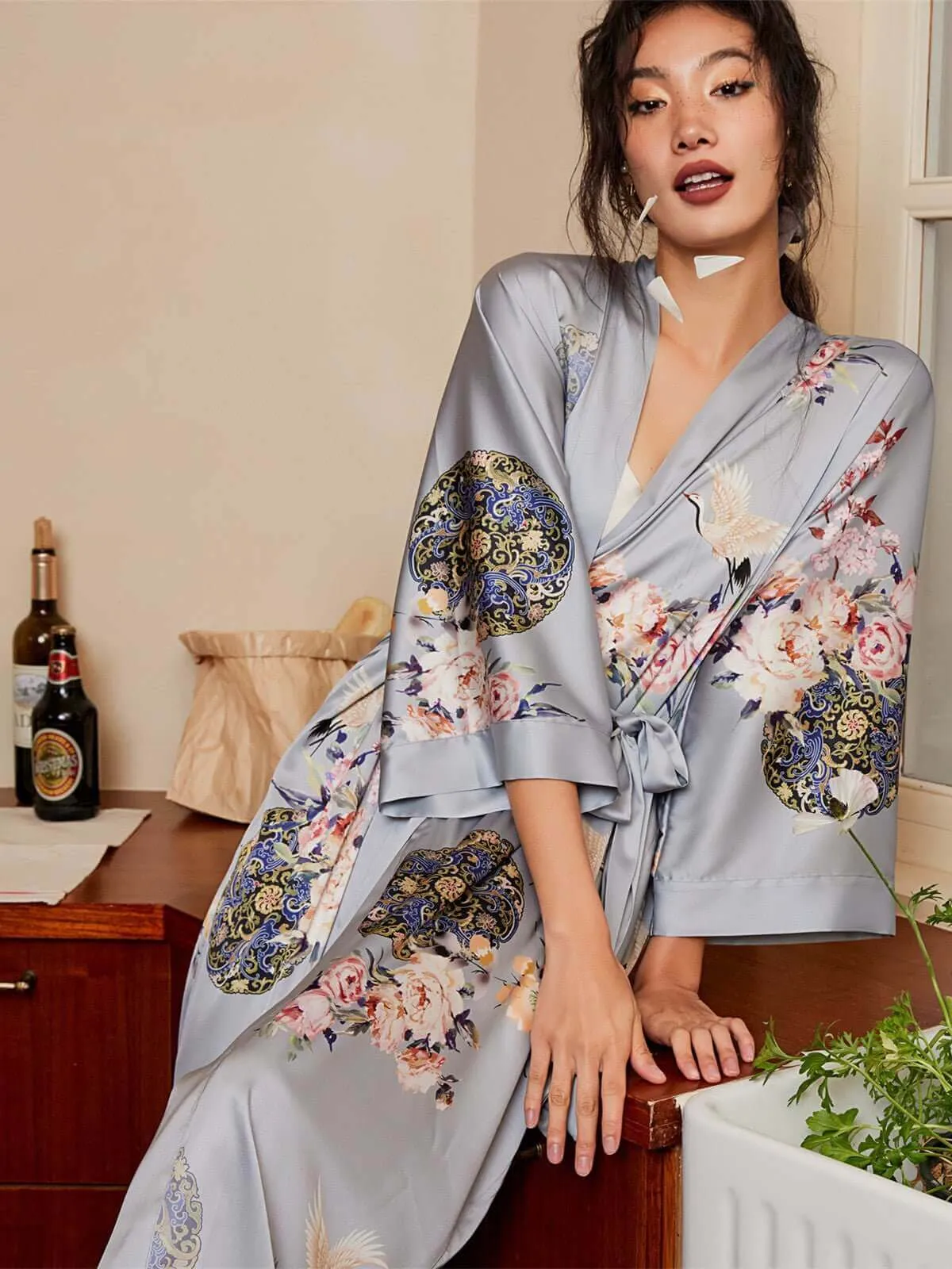 Garden Crane Gray Kimono Robe - Shop Now