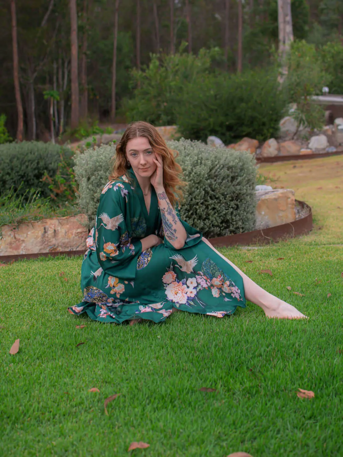 Garden Crane Green Kimono Robe