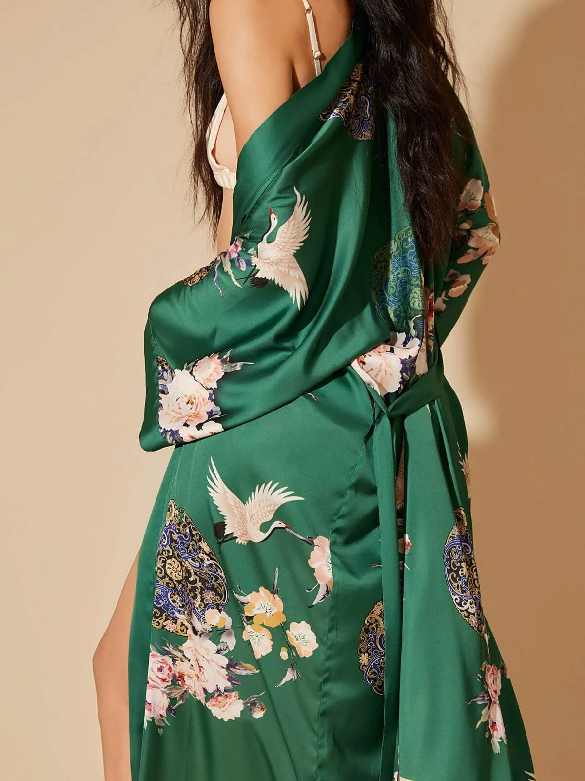 Garden Crane Green Kimono Robe