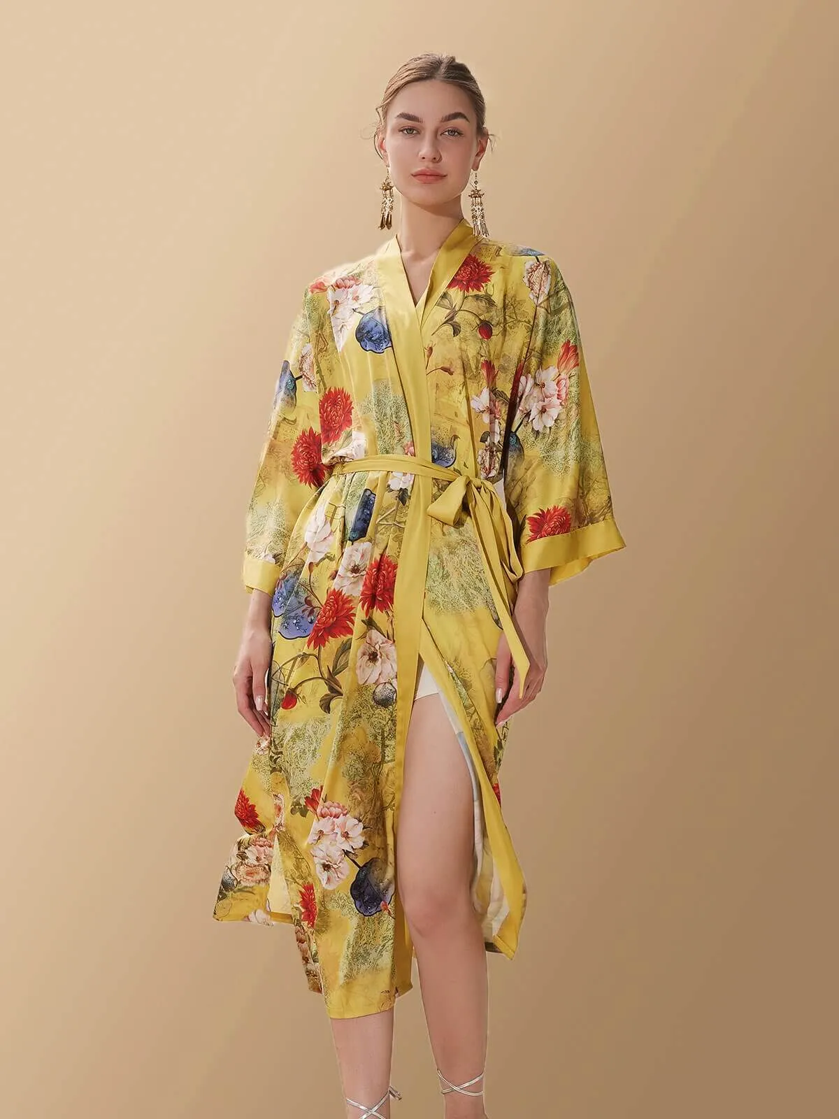 Golden Spring Kimono Robe - Floral Print Japanese Kimono Robe for Spring Season | Elegant and Luxurious Kimono Robe Design | Per