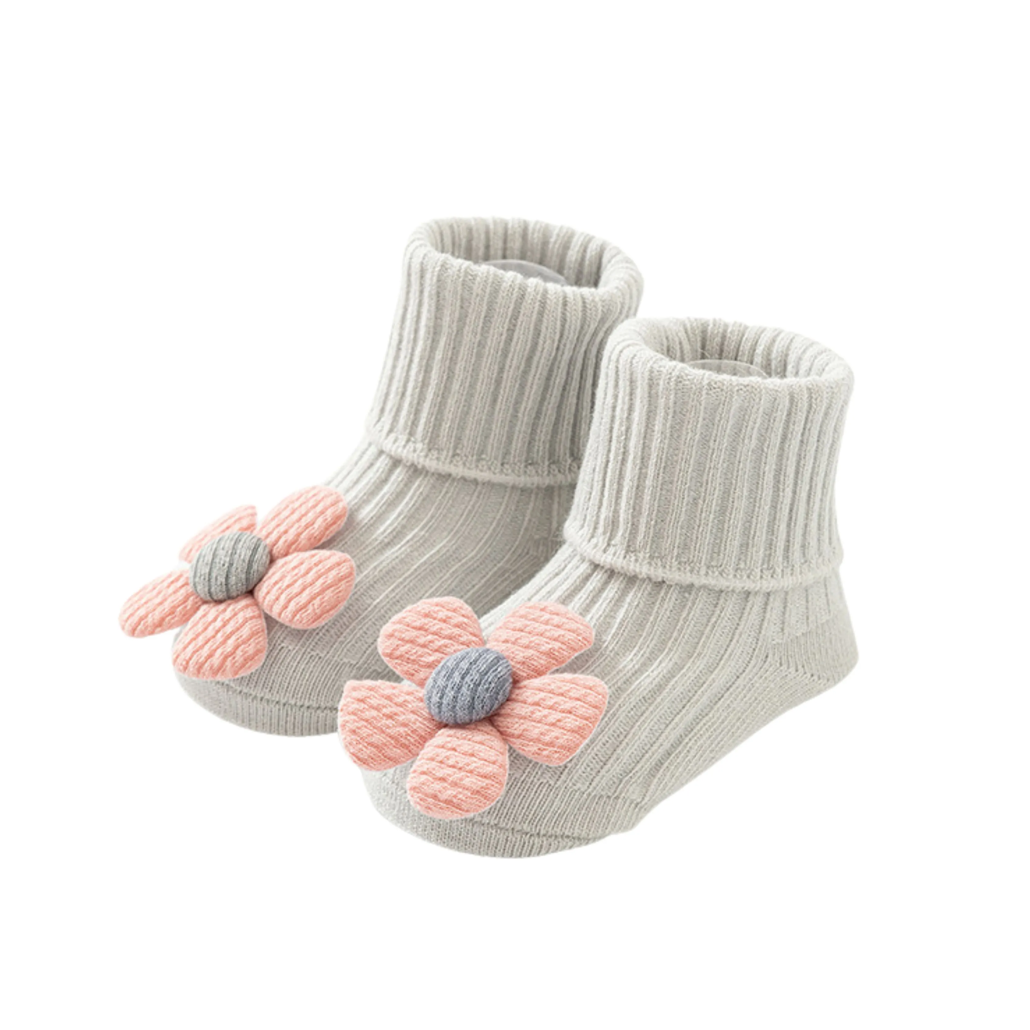 Gray Daisy 3D Baby Floor Socks with Anti-Slip Grip