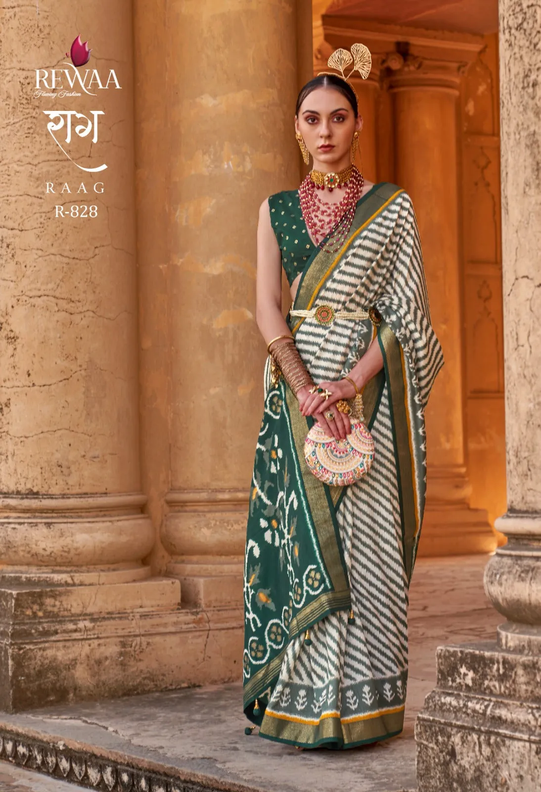 Green and white Patola Soft Silk Saree - OM001PSE