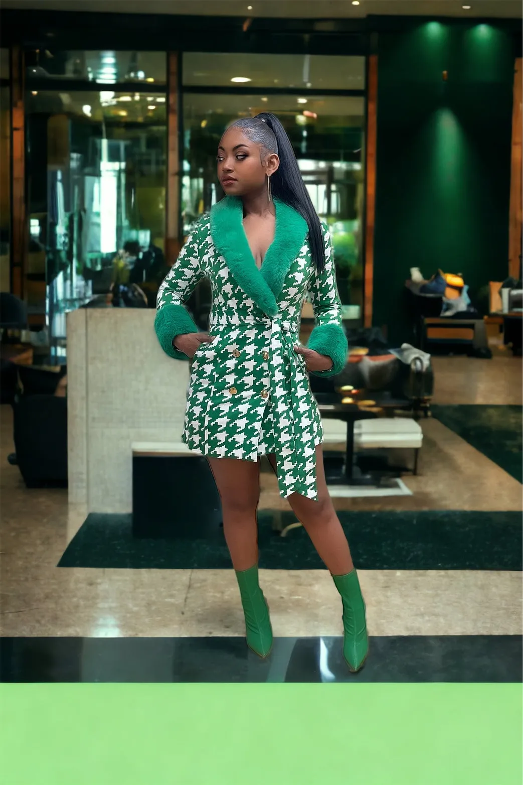 Green Hound Print Dress/Coat