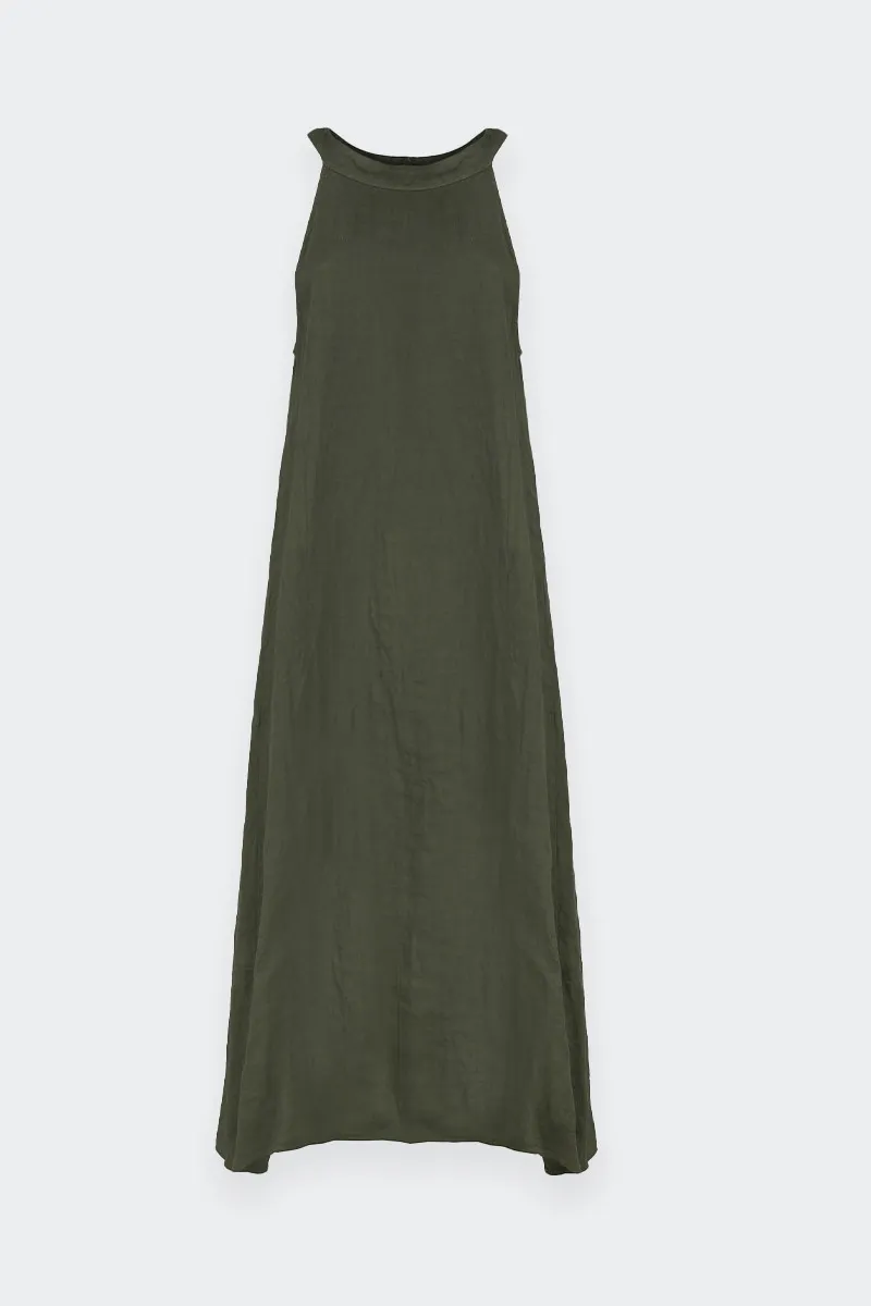 green linen long sleeveless dress