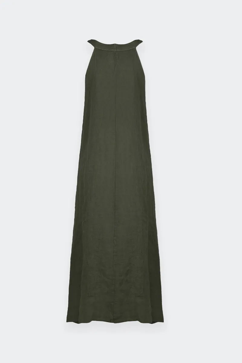 green linen long sleeveless dress