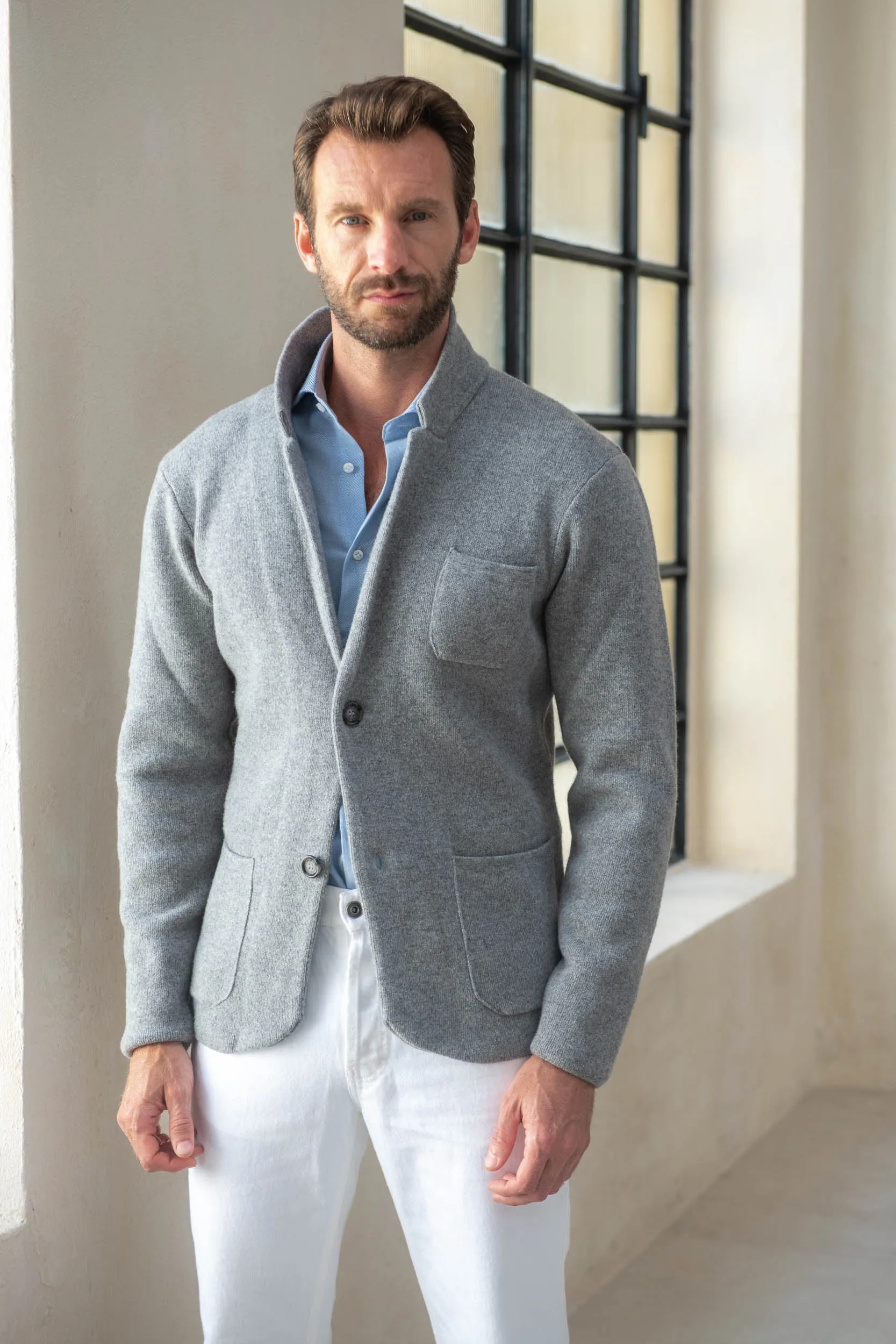 Grey Knitted Jacket – Wool And Cashmere – Made in Italy