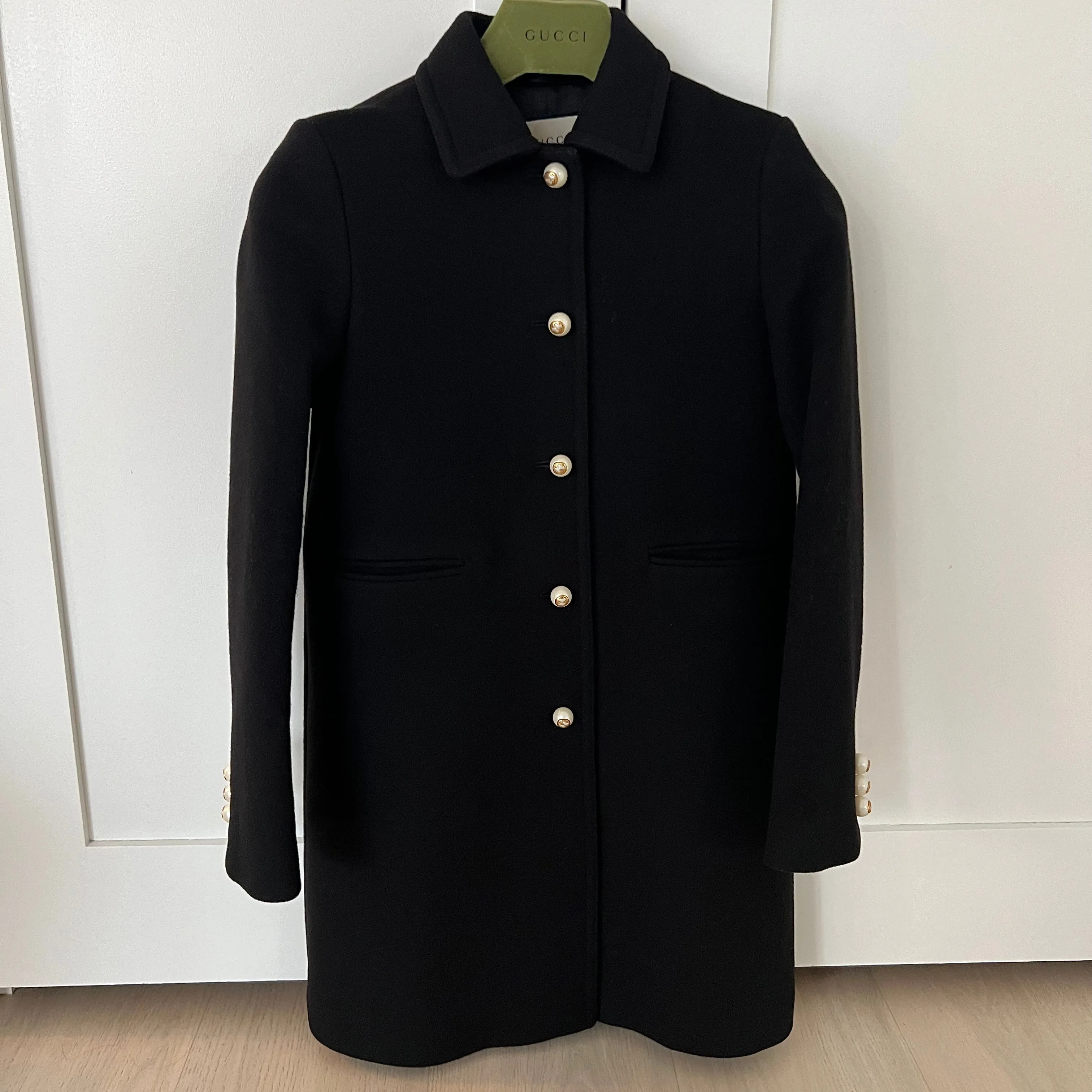 Gucci Black Wool Long Coat with Pearl Button Front