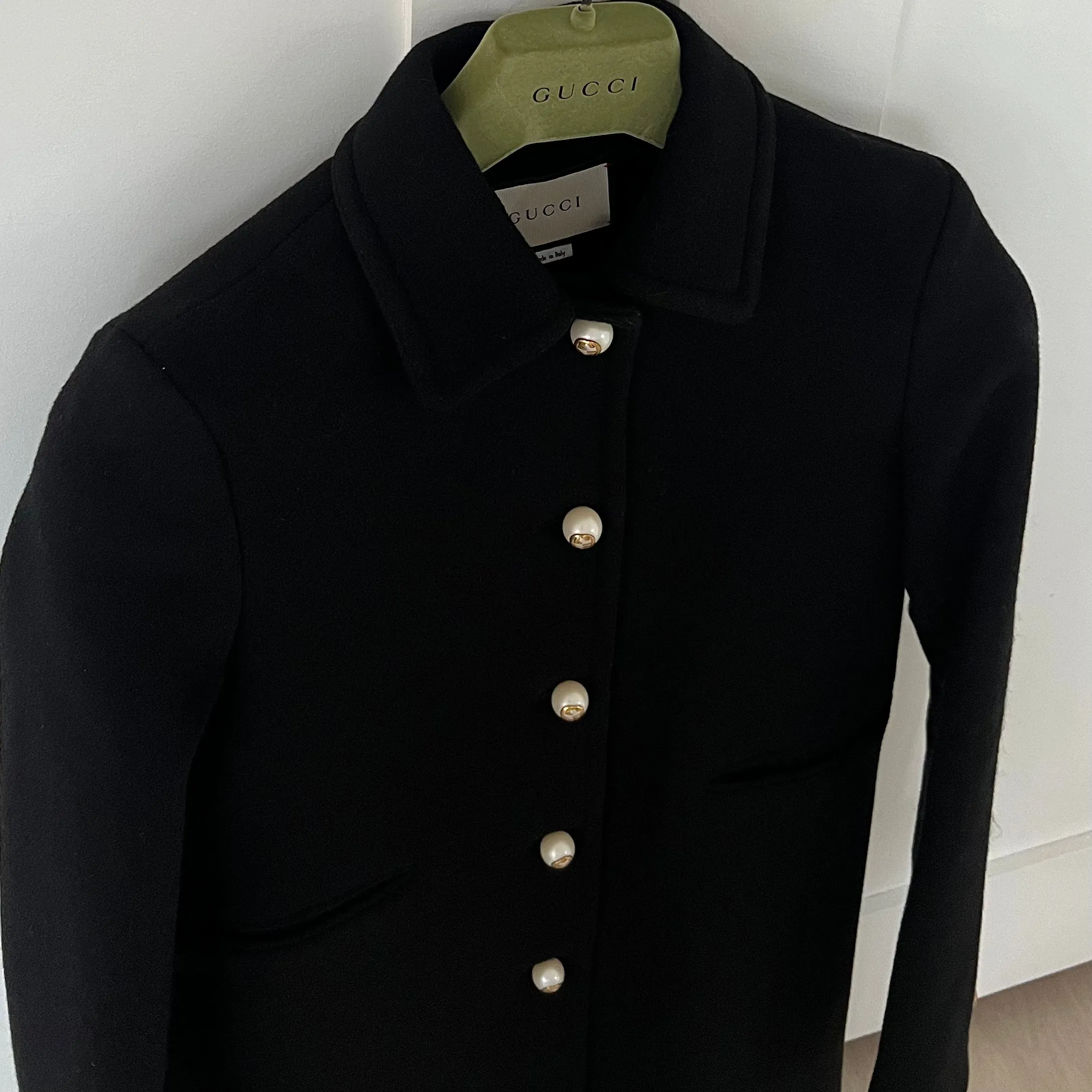 Gucci Black Wool Long Coat with Pearl Button Front