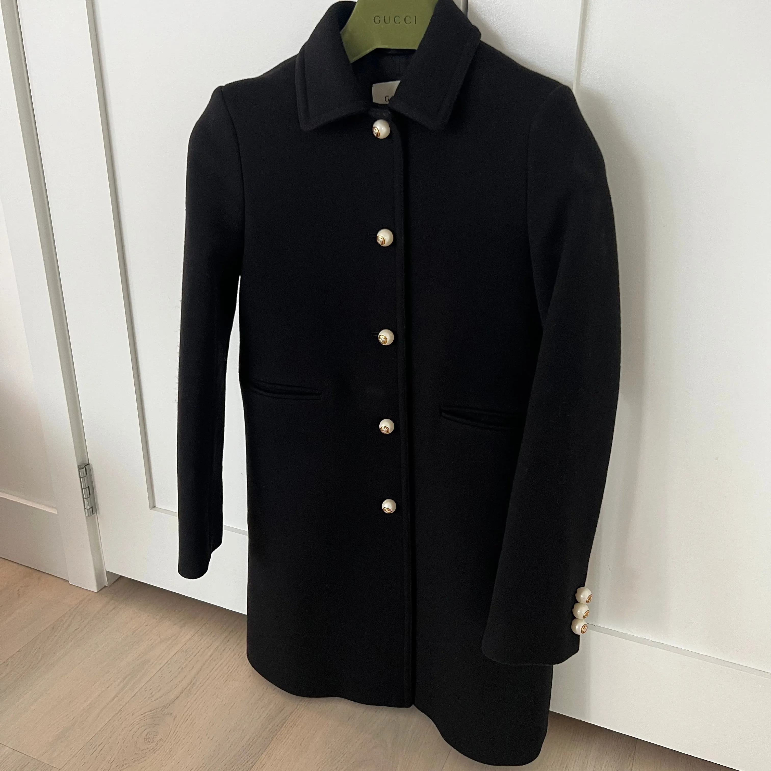 Gucci Black Wool Long Coat with Pearl Button Front