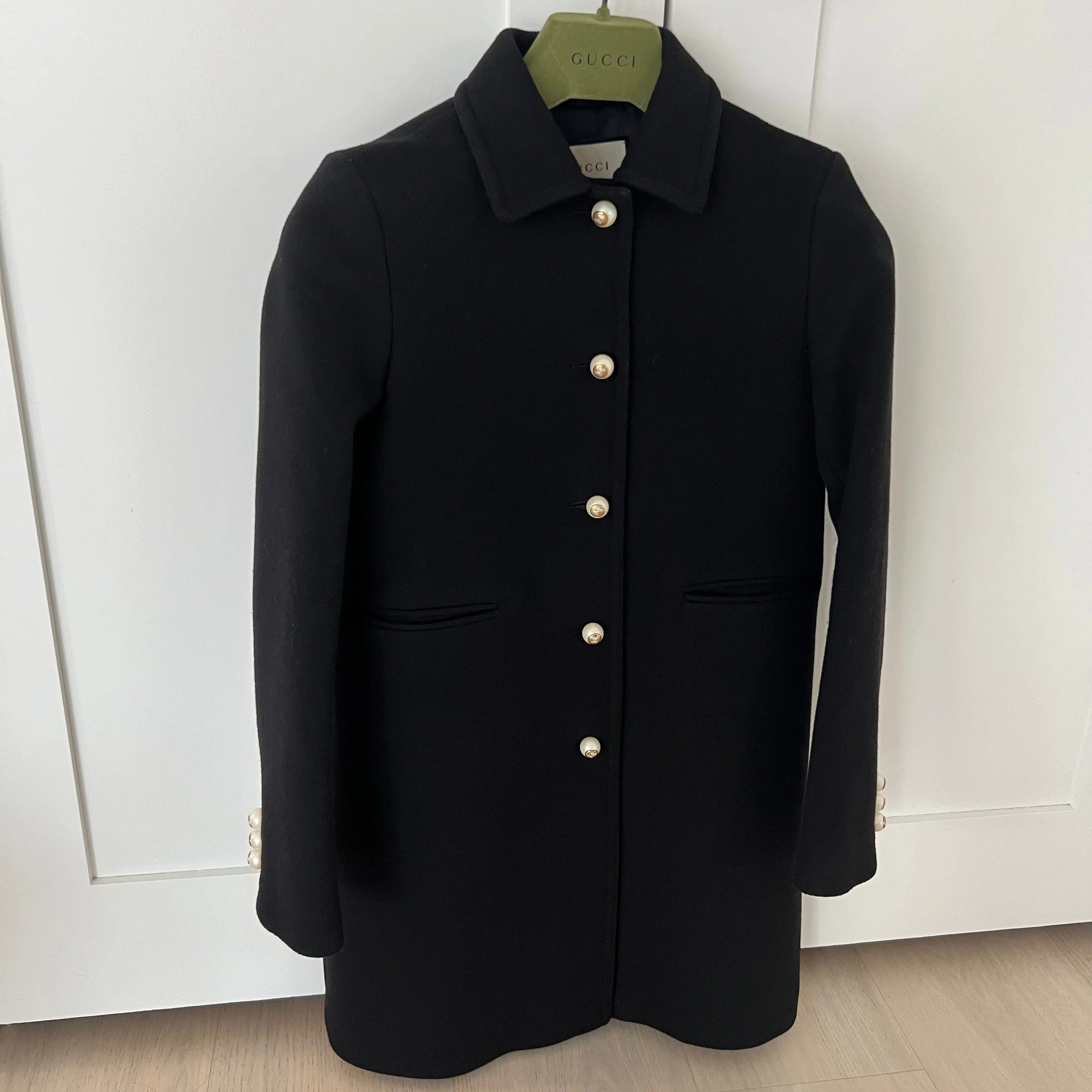 Gucci Black Wool Long Coat with Pearl Button Front