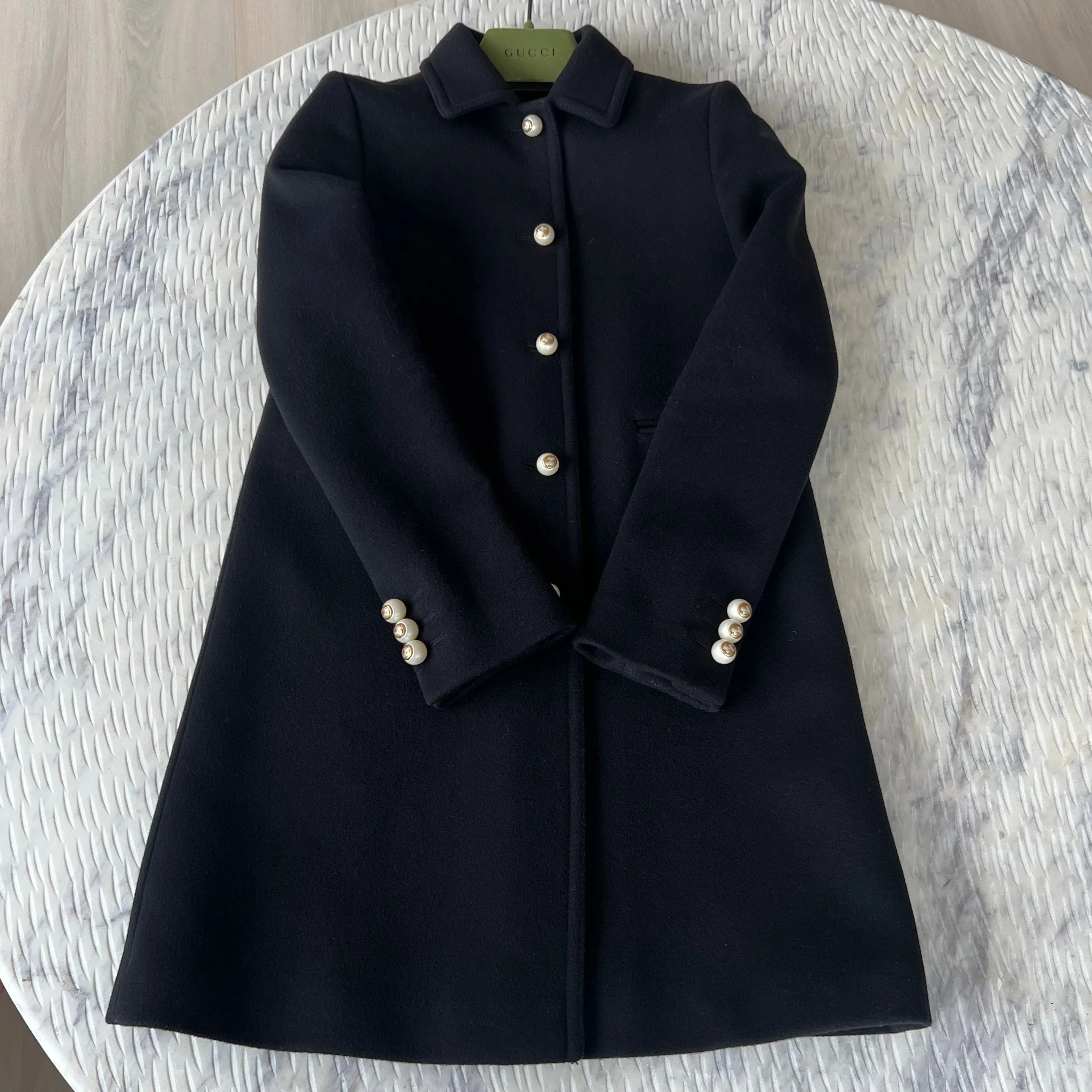 Gucci Black Wool Long Coat with Pearl Button Front