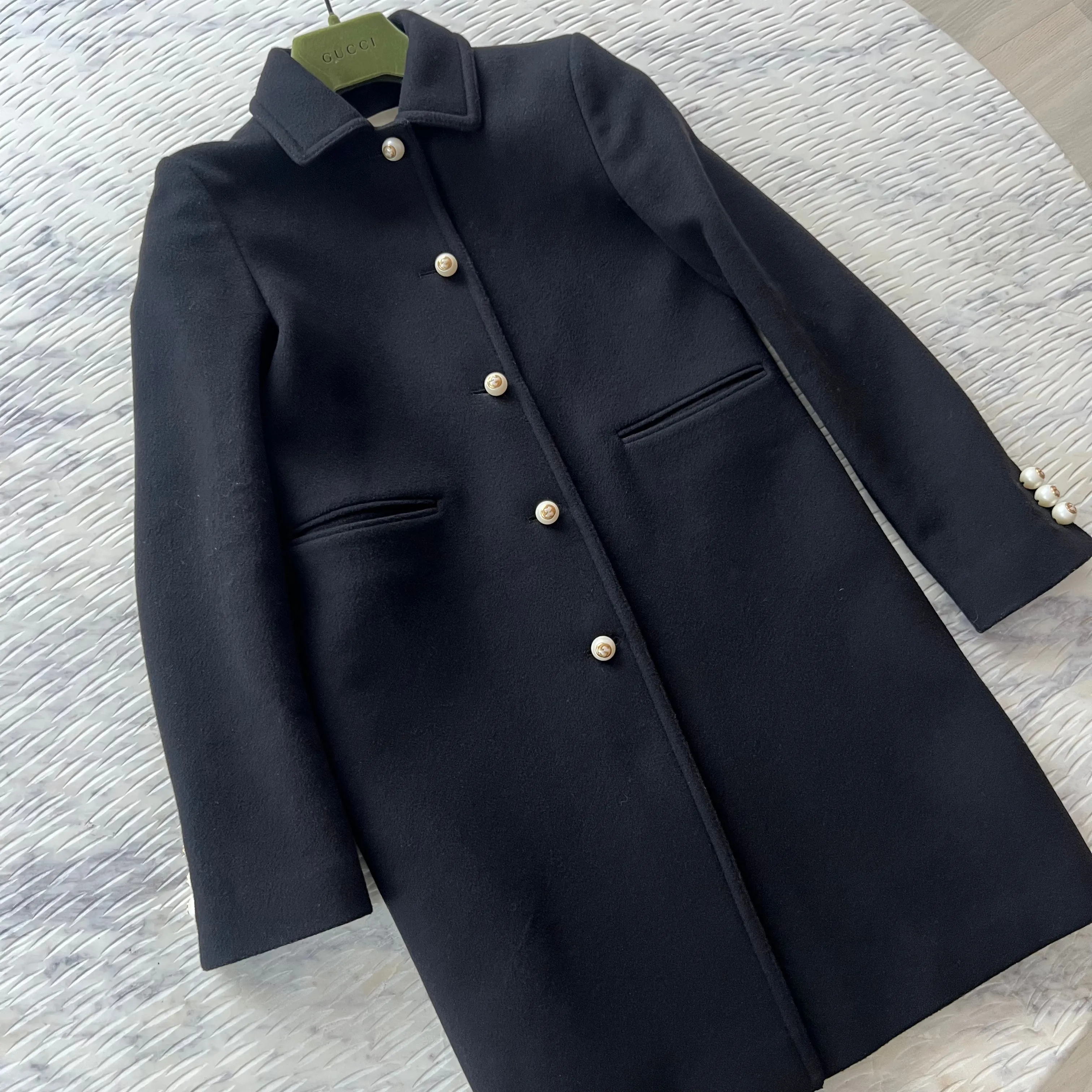 Gucci Black Wool Long Coat with Pearl Button Front