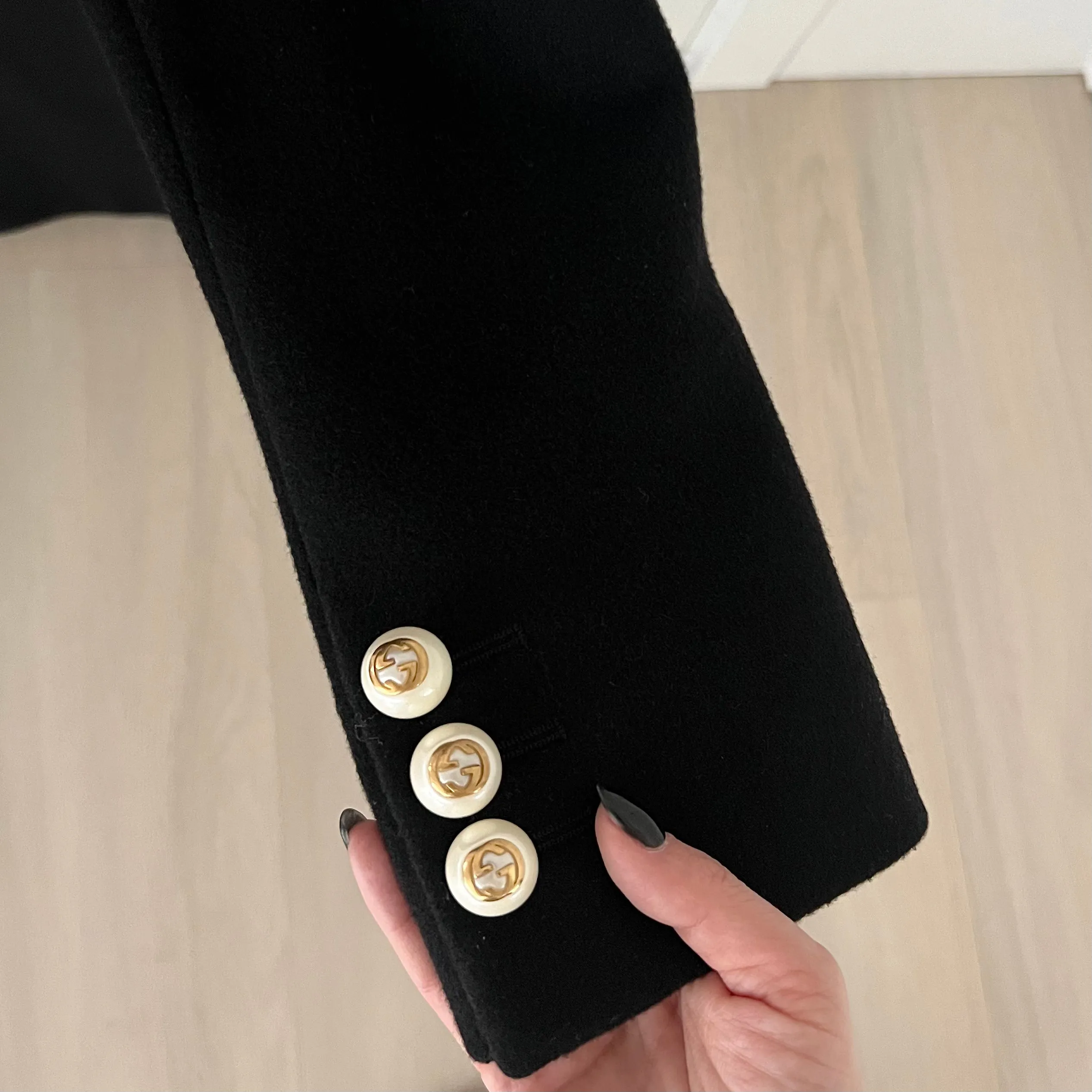 Gucci Black Wool Long Coat with Pearl Button Front