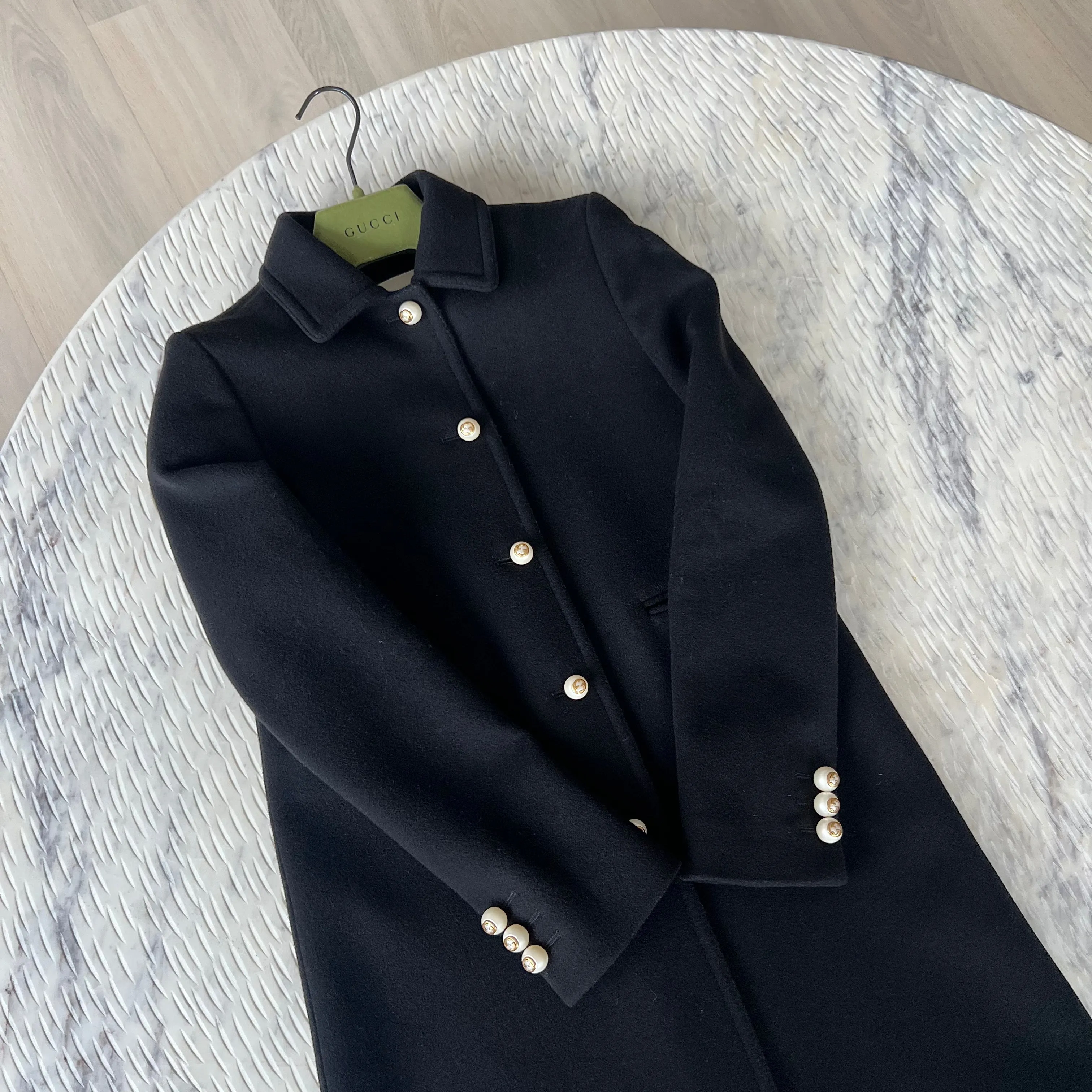 Gucci Black Wool Long Coat with Pearl Button Front