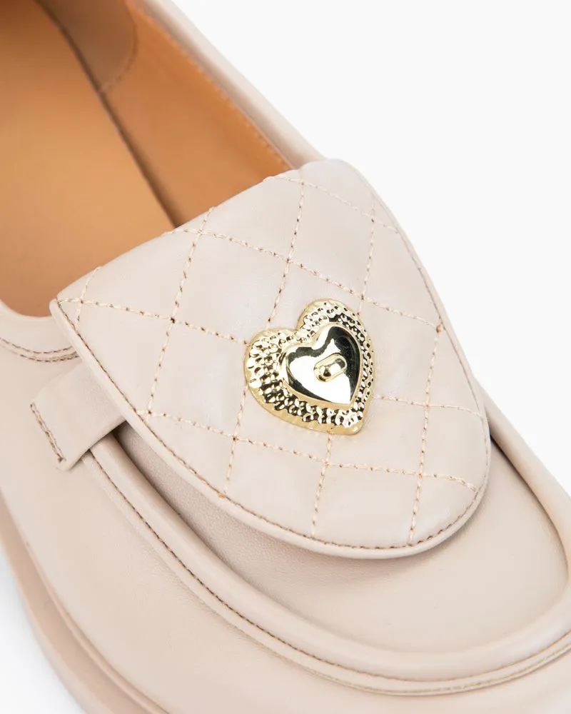 Heart Slip On Mid Heel Loafers with Decorative Theme Design