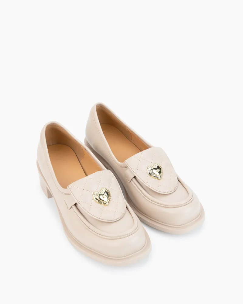 Heart Slip On Mid Heel Loafers with Decorative Theme Design