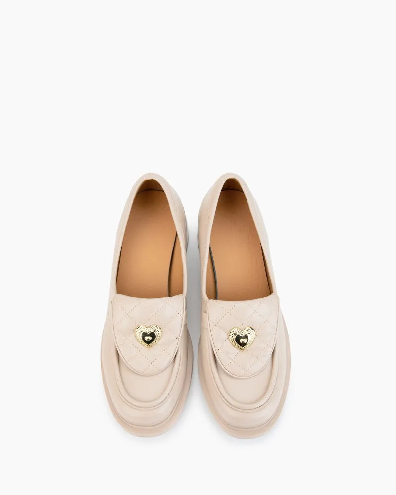 Heart Slip On Mid Heel Loafers with Decorative Theme Design