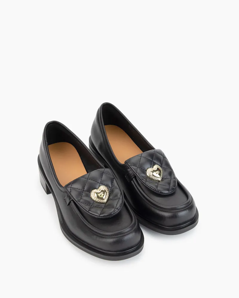 Heart Slip On Mid Heel Loafers with Decorative Theme Design