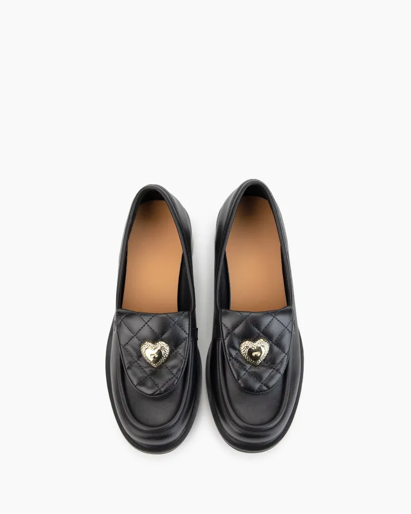 Heart Slip On Mid Heel Loafers with Decorative Theme Design