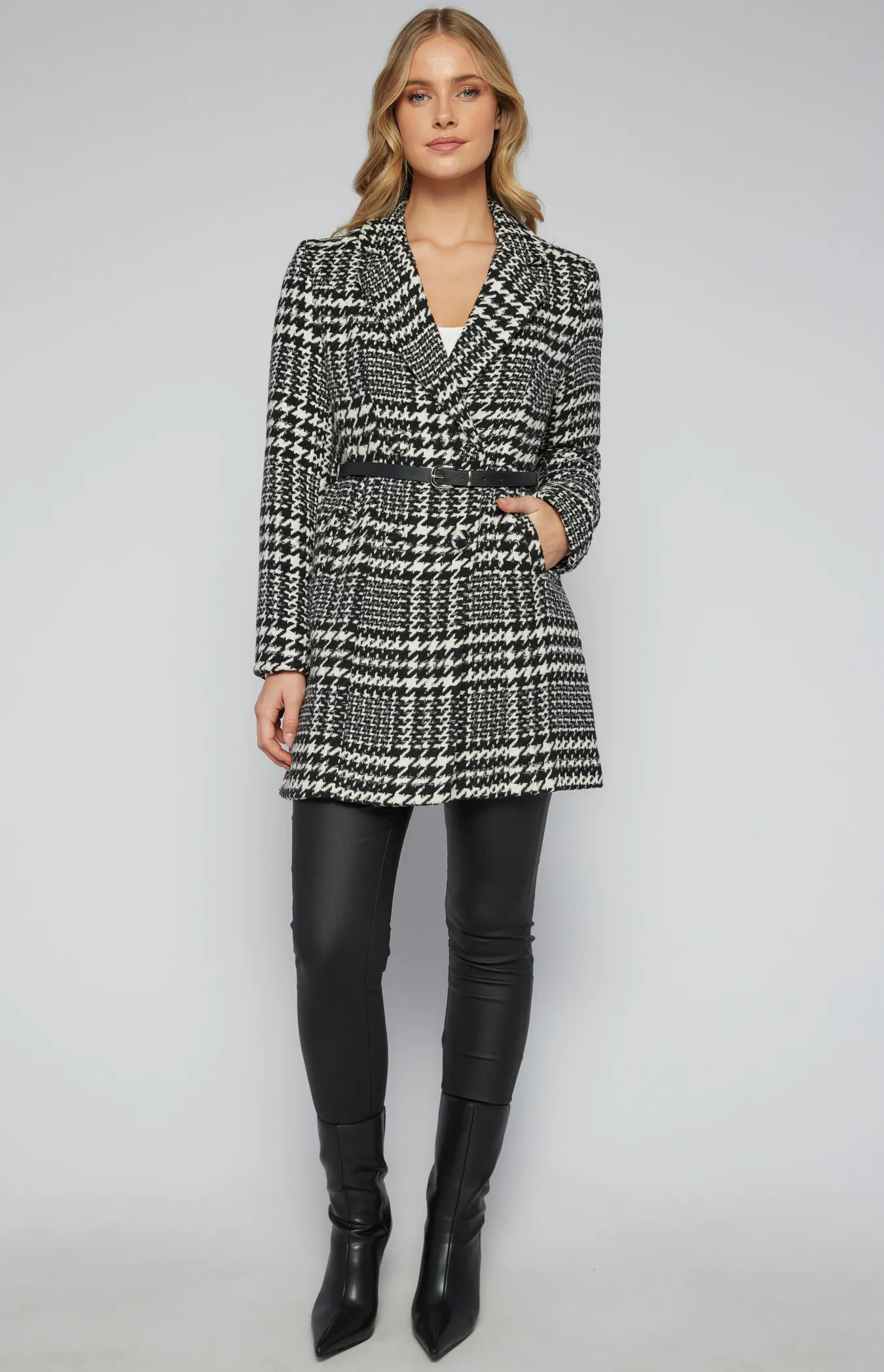 Houndstooth Faux Wool Coat with Contrast Belt (SJT369-2A)