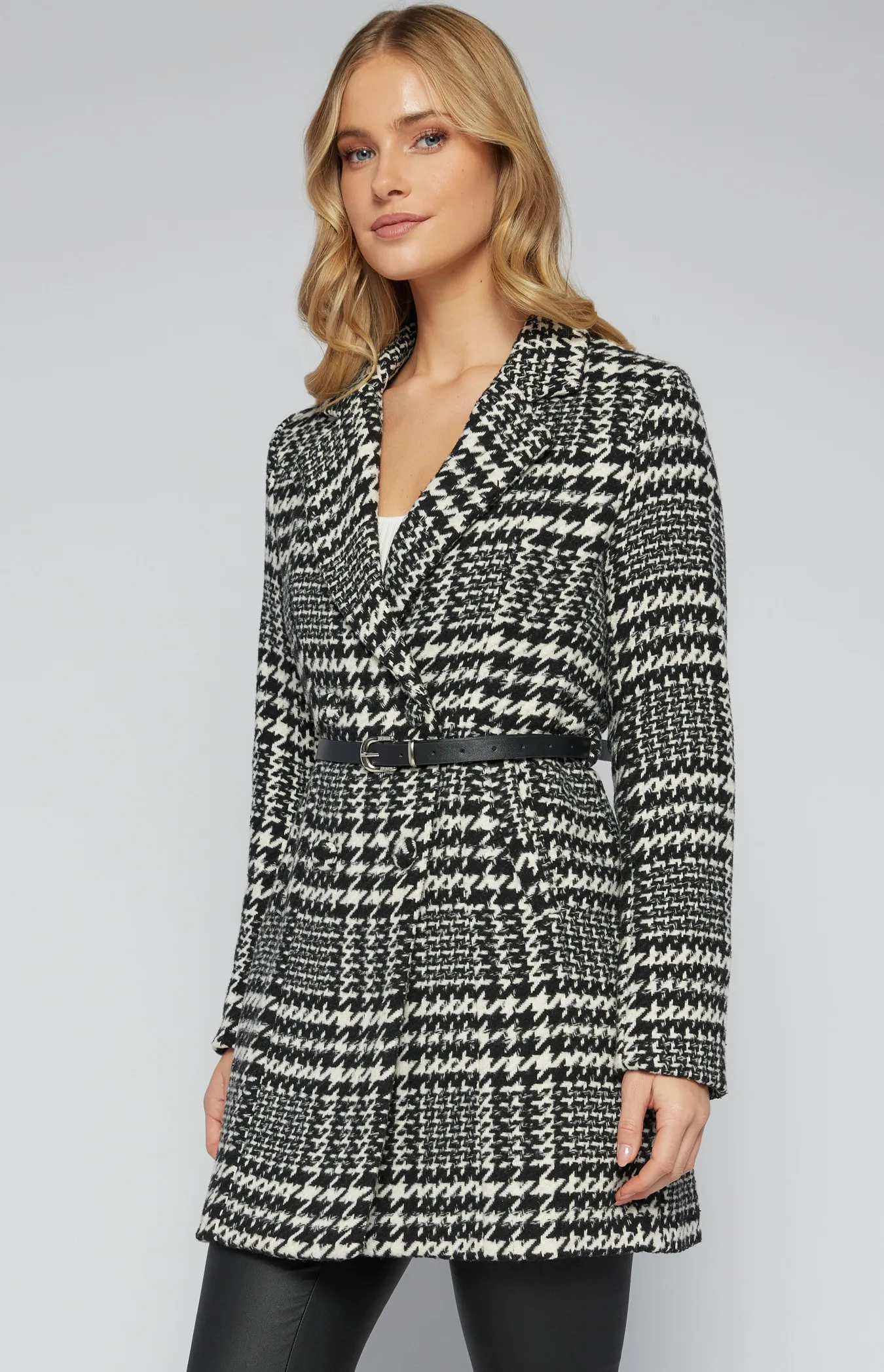 Houndstooth Faux Wool Coat with Contrast Belt (SJT369-2A)