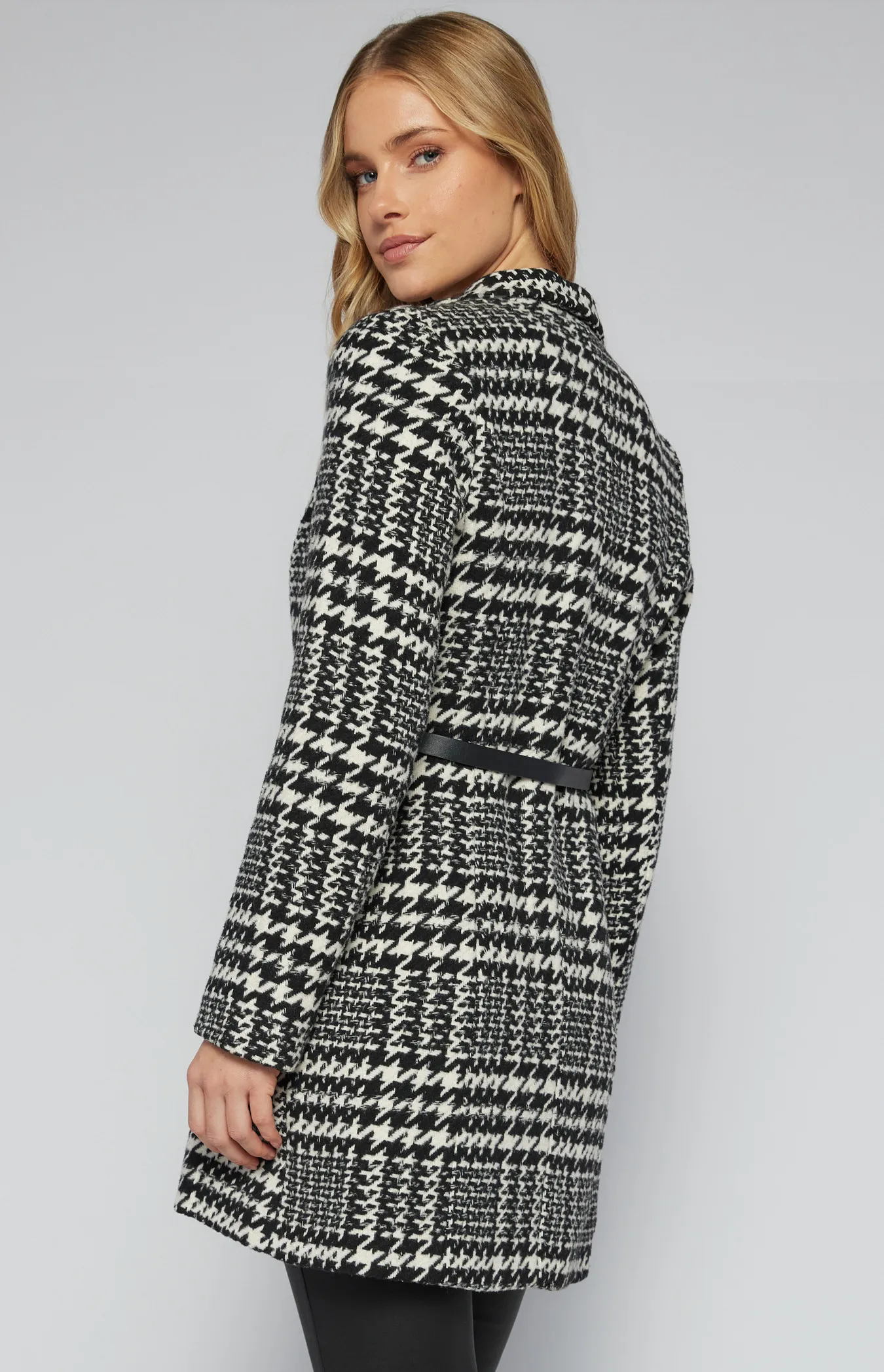 Houndstooth Faux Wool Coat with Contrast Belt (SJT369-2A)