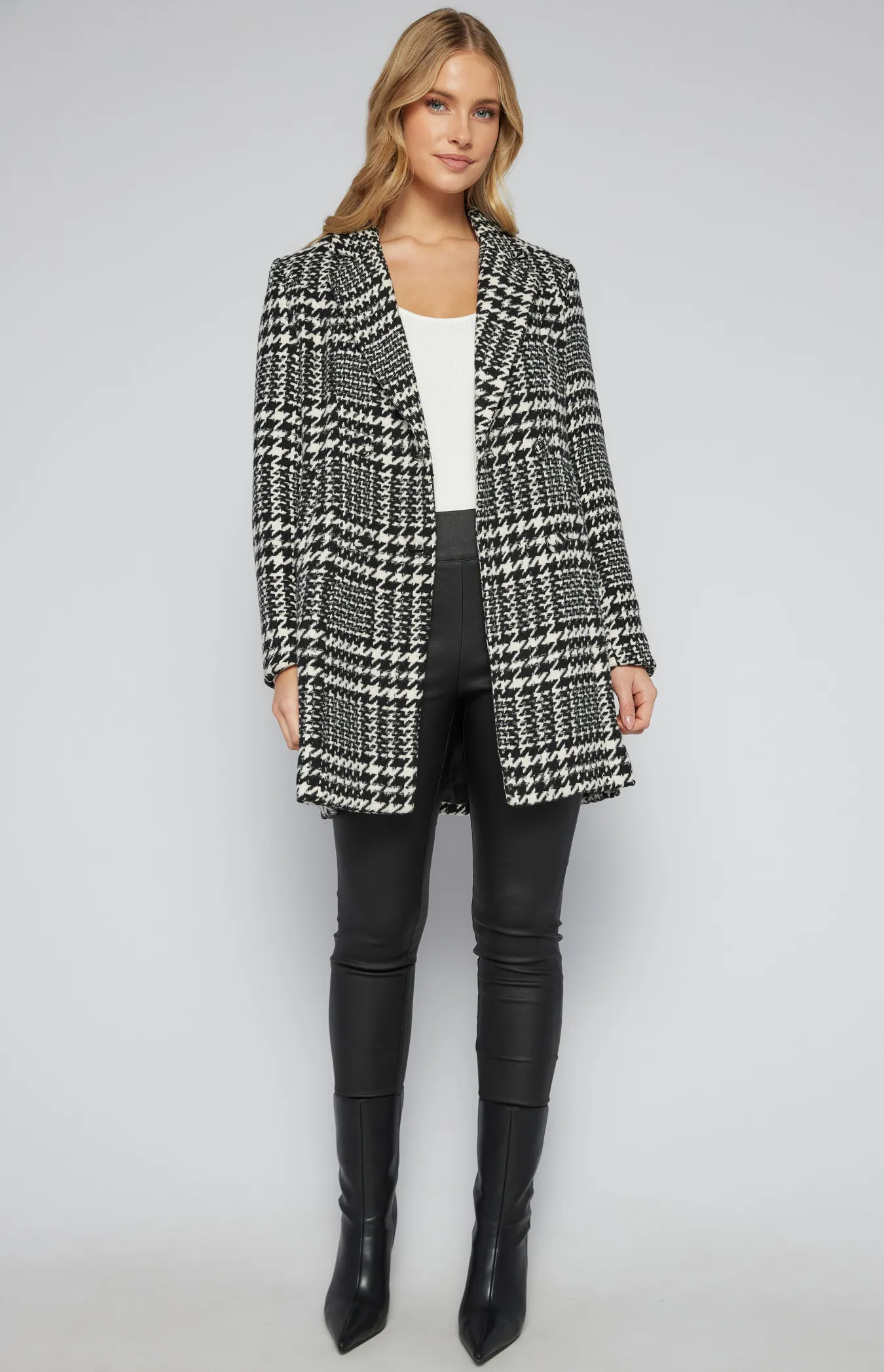 Houndstooth Faux Wool Coat with Contrast Belt (SJT369-2A)