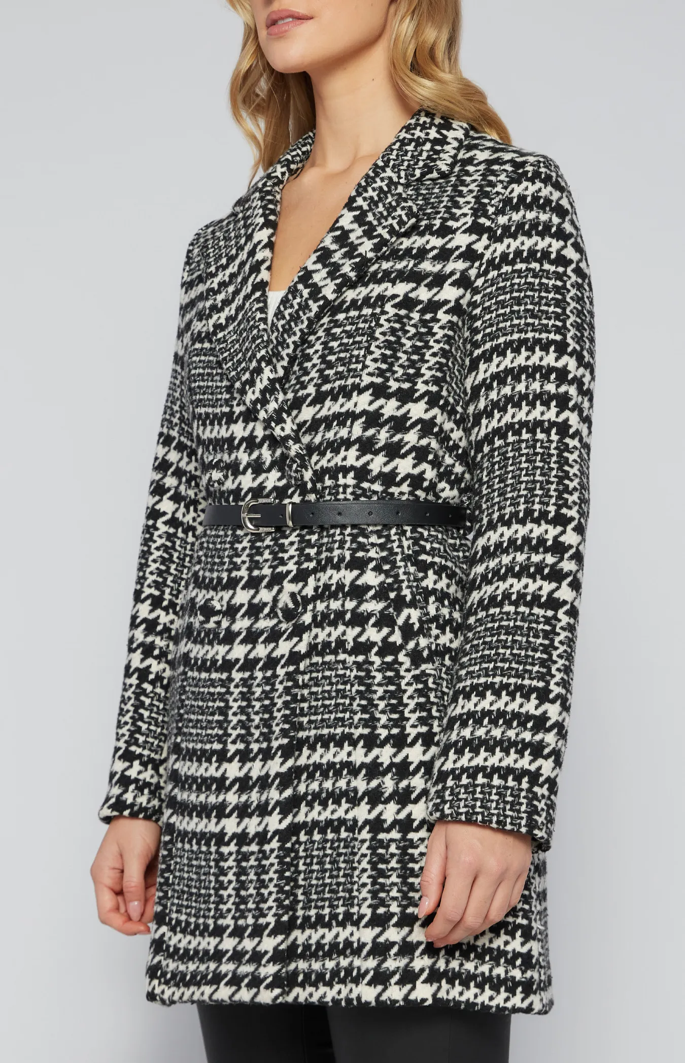 Houndstooth Faux Wool Coat with Contrast Belt (SJT369-2A)