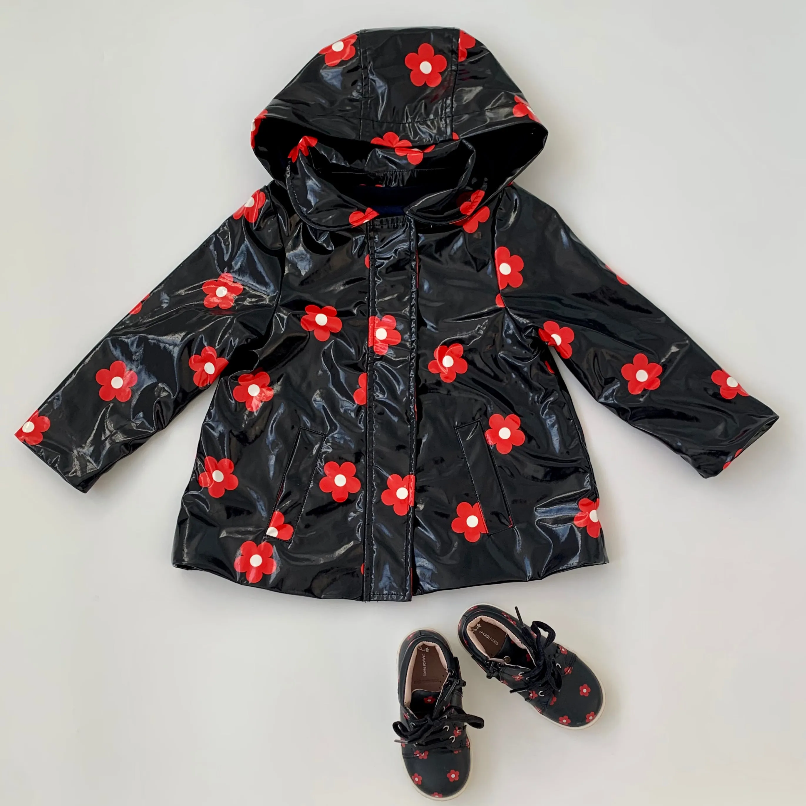 Jacadi Raincoat - Navy and Red Daisy Print - Size 3 Years