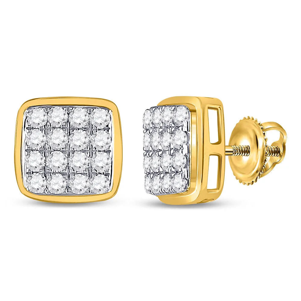 Keene Jewelers 10kt Yellow Gold Mens Round Diamond Square Cluster Earrings 1 Cttw