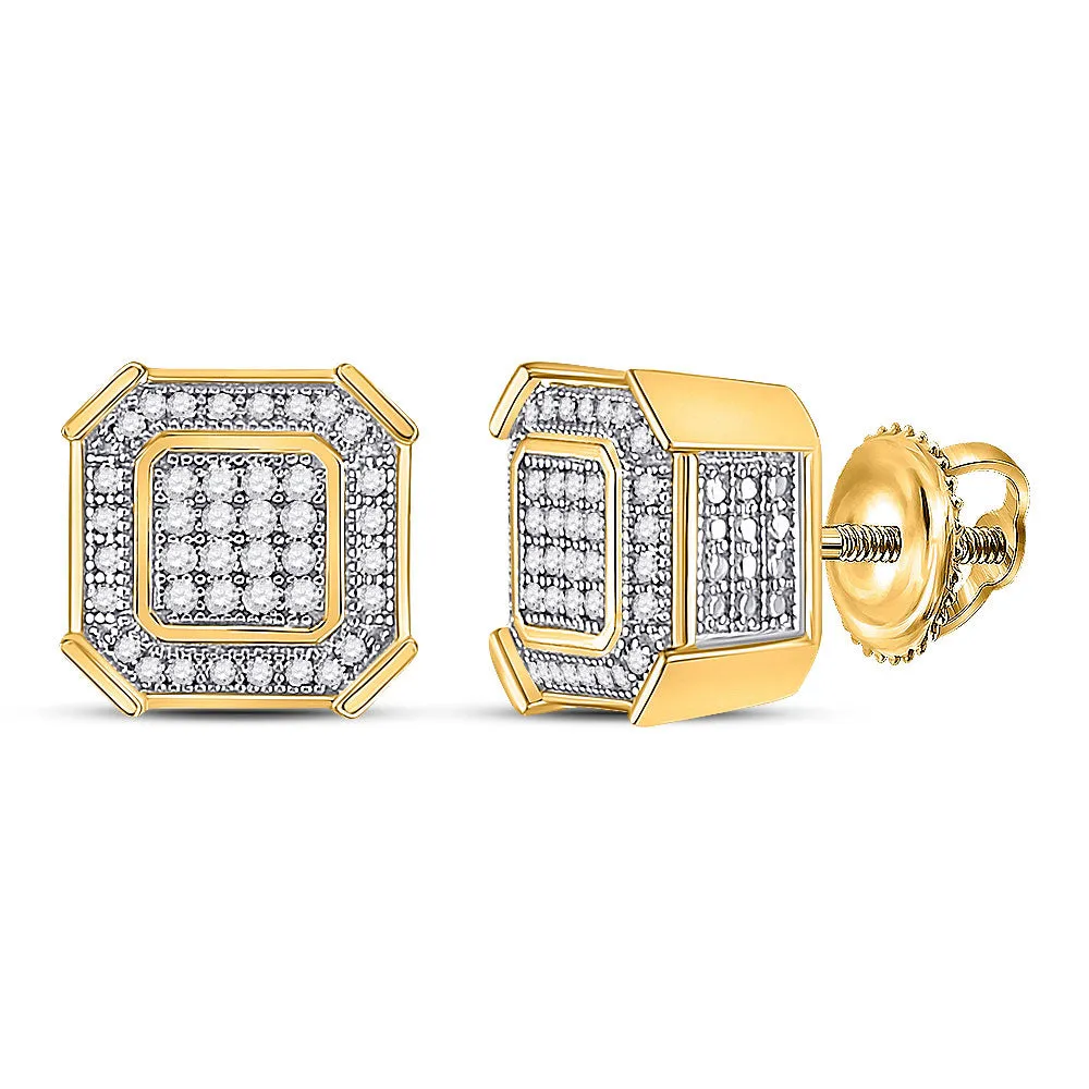 Keene Jewelers 10kt Yellow Gold Mens Round Diamond Square Cluster Earrings 1/4 Cttw